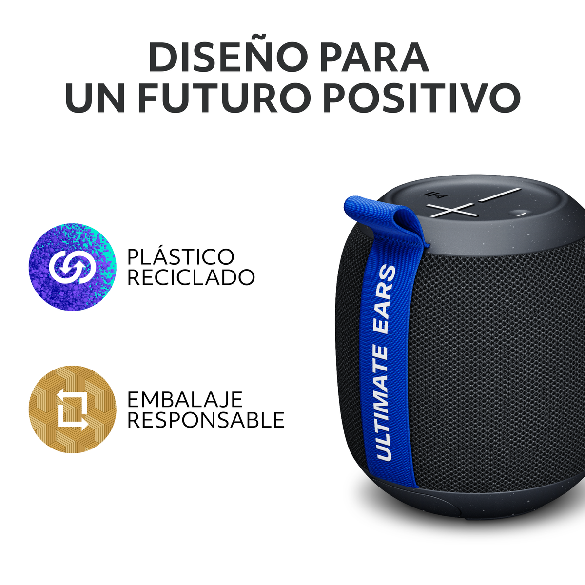Czarny głośnik Ultimate Ears z niebieskim paskiem, obok ikon i tekstu o recyklingu i odpowiedzialnym pakowaniu.
