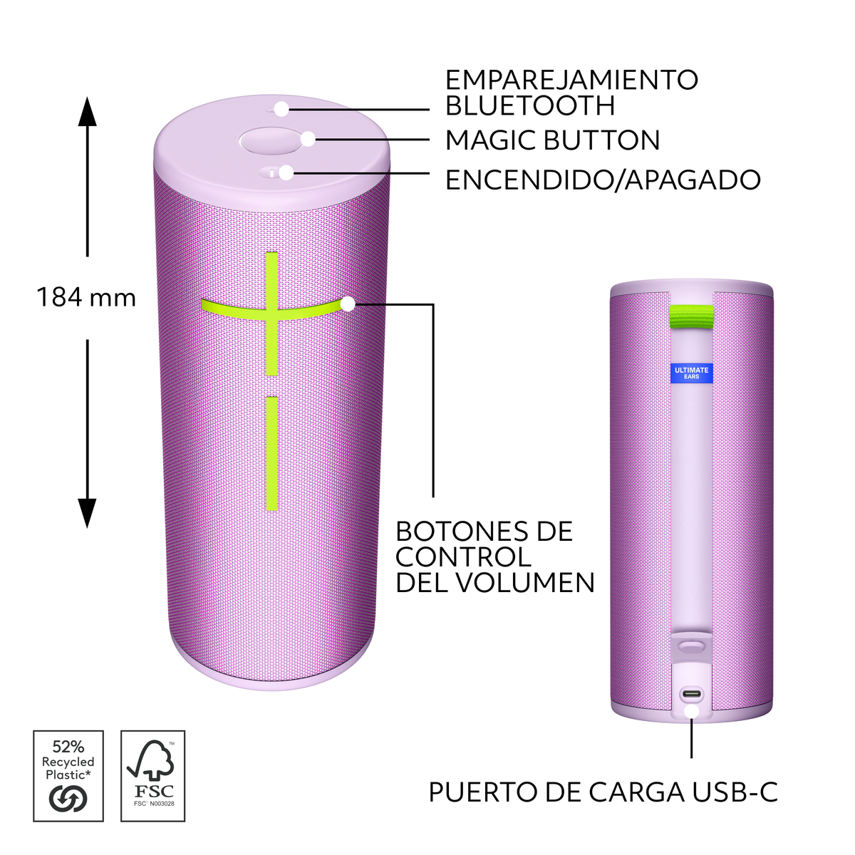 Altavoz cilíndrico rosa y morado con botones, texto y dimensiones indicadas. Fondo blanco.