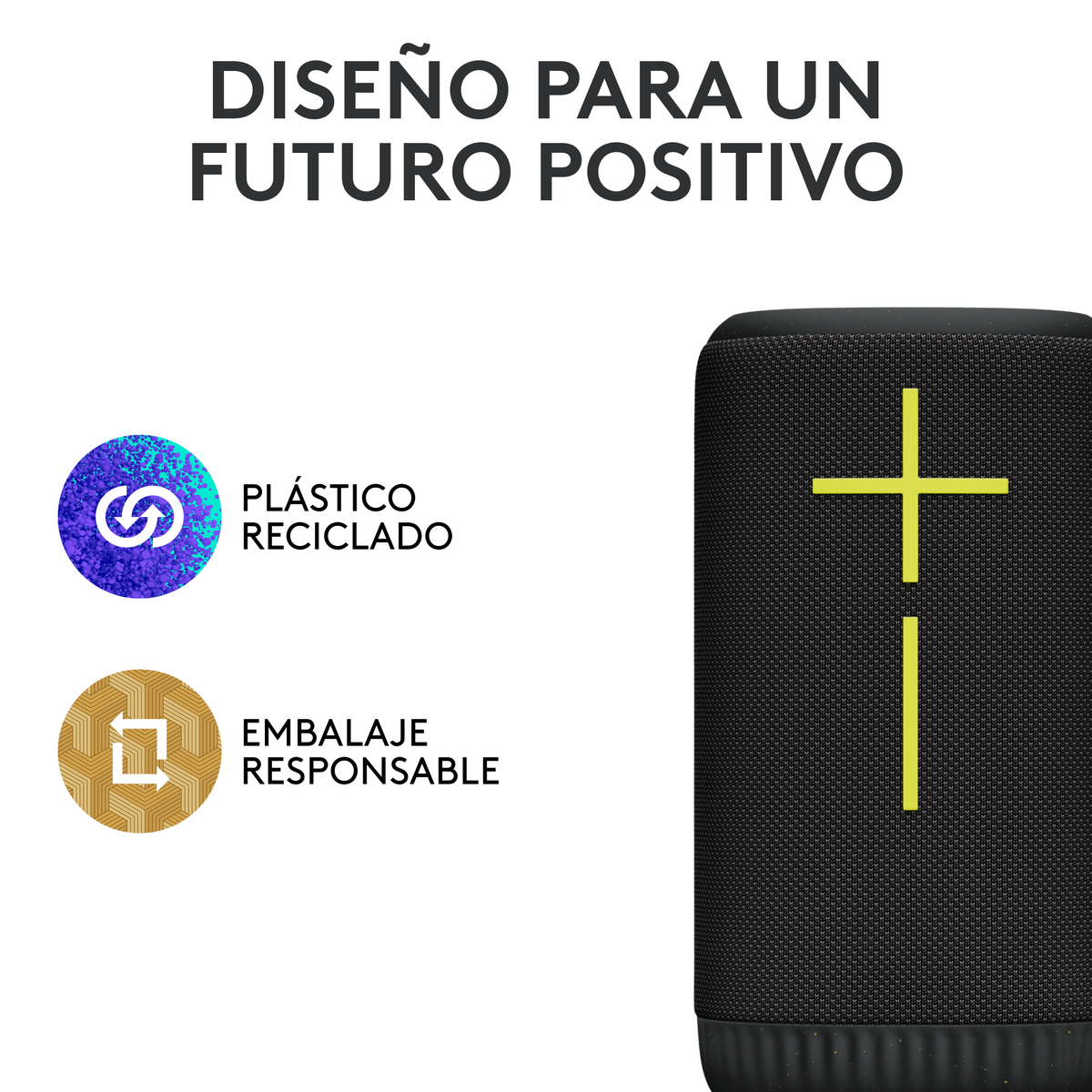 Czarny głośnik UE z żółtym znakiem plus. Teksty wskazują na plastik z recyklingu i odpowiedzialne opakowania.