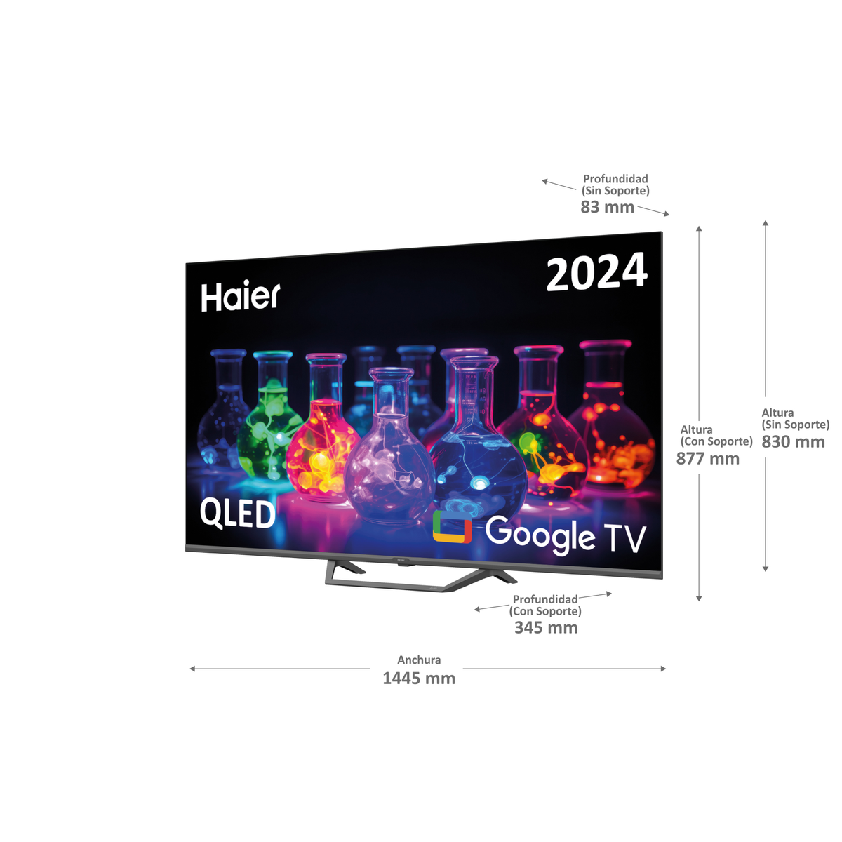 Un gran televisor Haier QLED Google TV con medidas y arte líquido colorido en la pantalla.