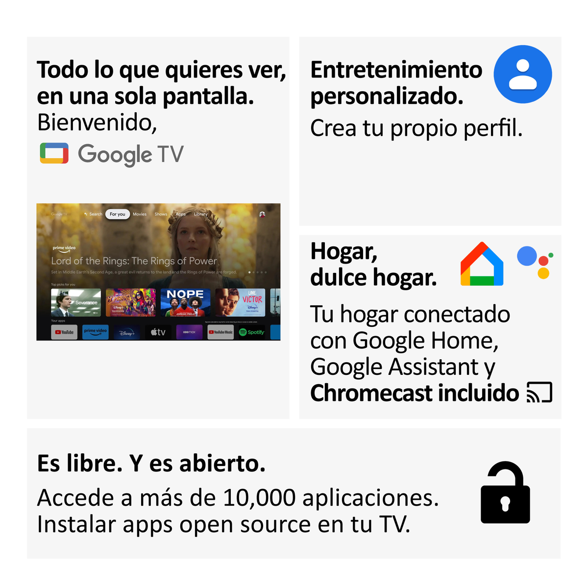 Una pantalla de Google TV que muestra una película, con opciones de Google Home y un icono de candado debajo.