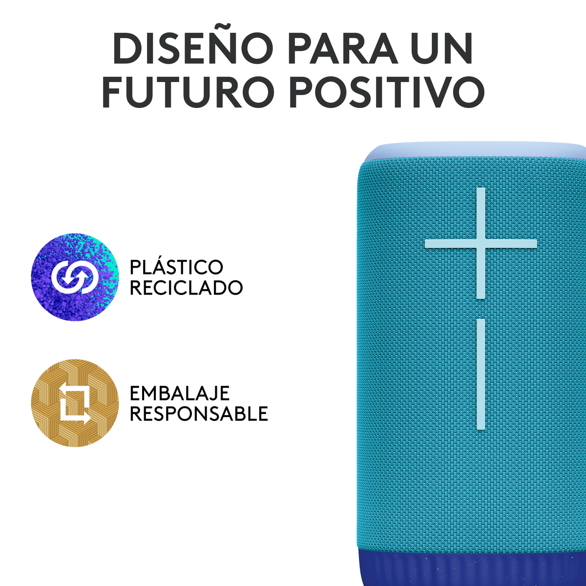 Niebiesko-turkusowy głośnik, ze symbolami plastiku z recyklingu i odpowiedzialnego pakowania.