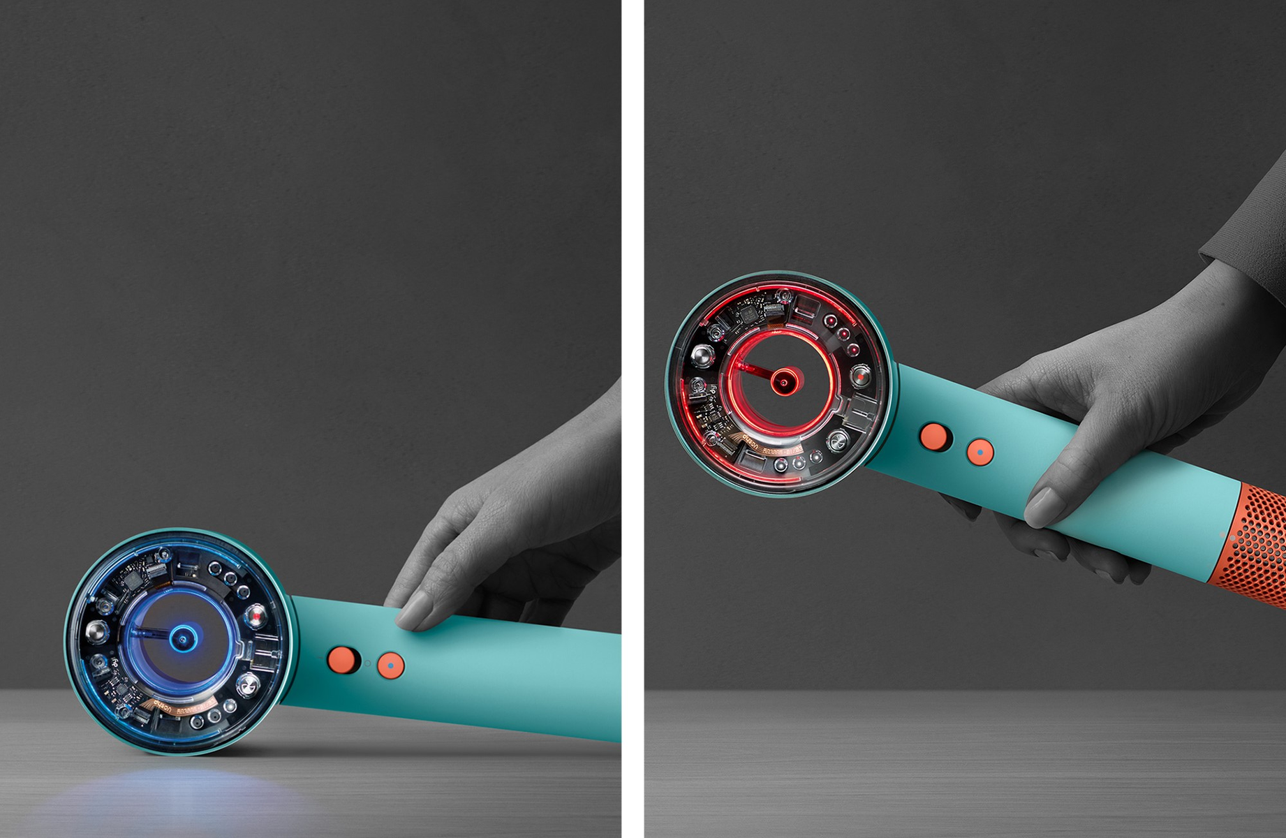 Zwei Bilder eines türkis-orangenen Haartrockners, die interne Komponenten zeigen.