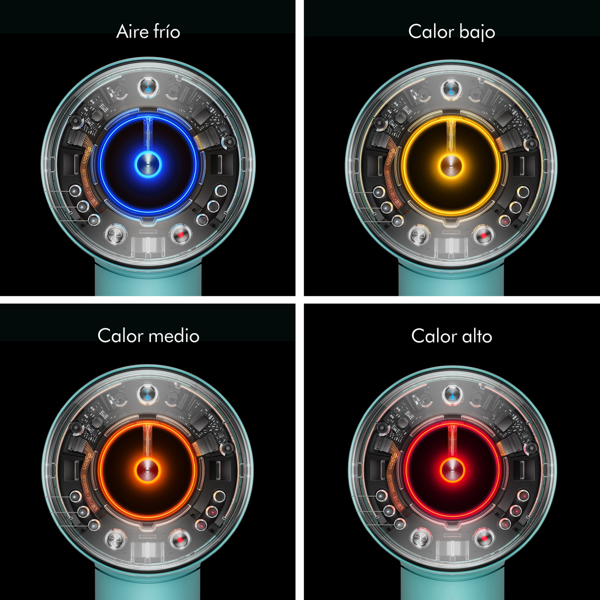 Vier Bilder zeigen die Vorderseite eines Haartrockners mit den Einstellungen: kalte Luft, niedrige, mittlere und hohe Hitze.