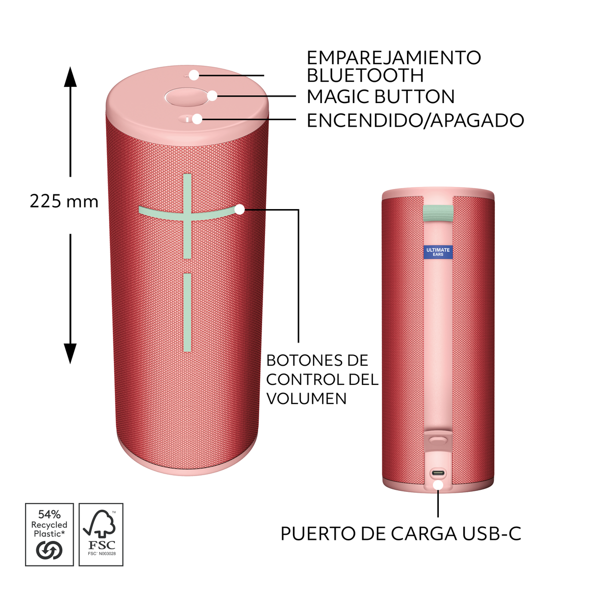 Czerwono-różowy głośnik cylindryczny z przyciskami sterowania i portem USB-C.