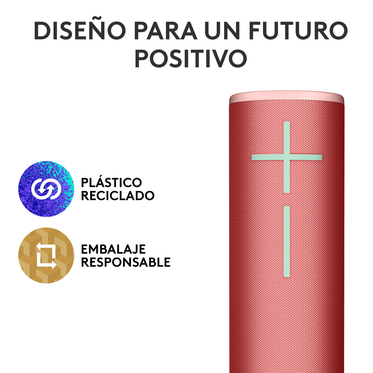 Czerwony głośnik z zielonym krzyżem. Tekst mówi 'Plastik z recyklingu' i 'Odpowiedzialne opakowania'.