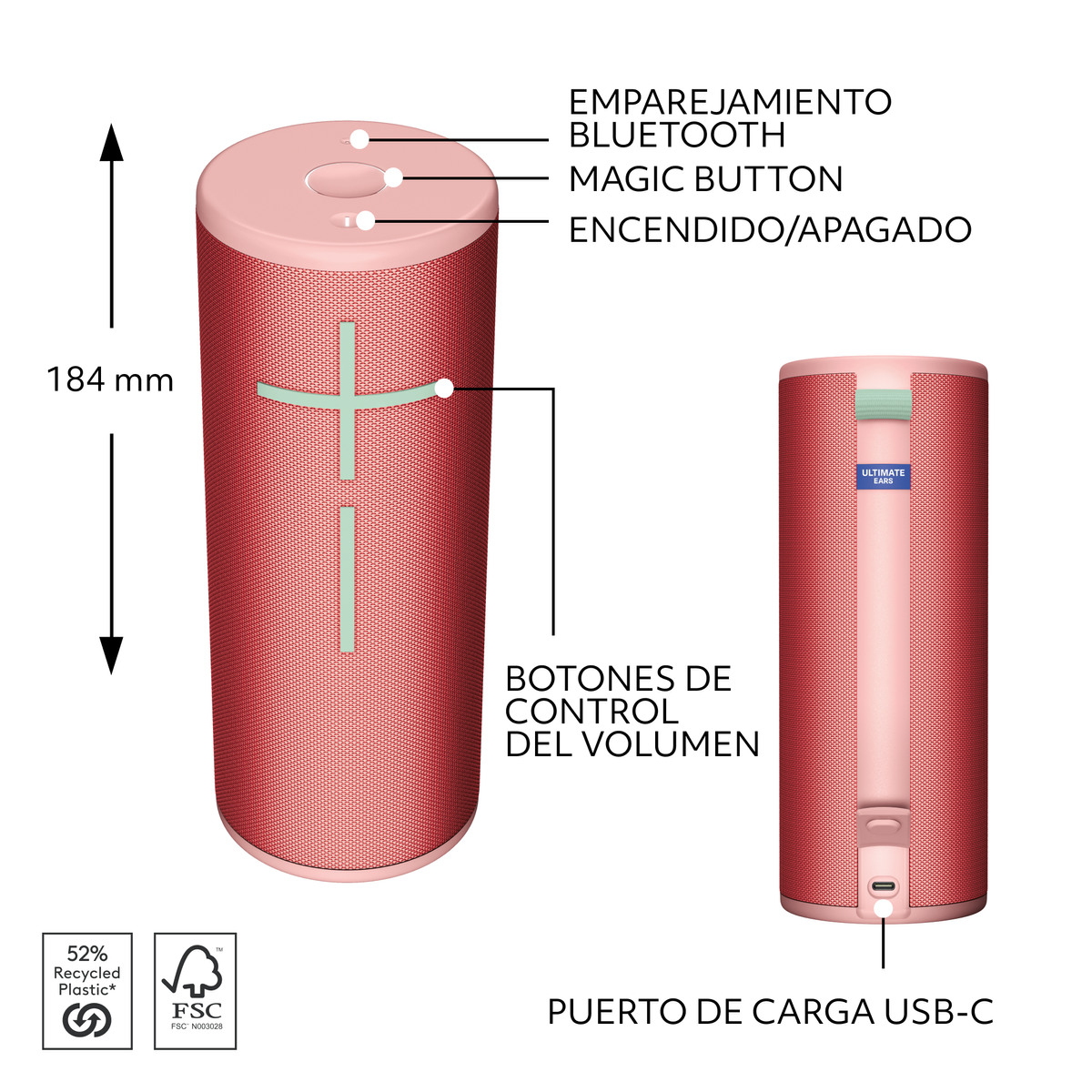 Różowy głośnik ze wzorem krzyża. Pokazuje układ przycisków i port USB-C. Wymiary to 184 mm wysokości.