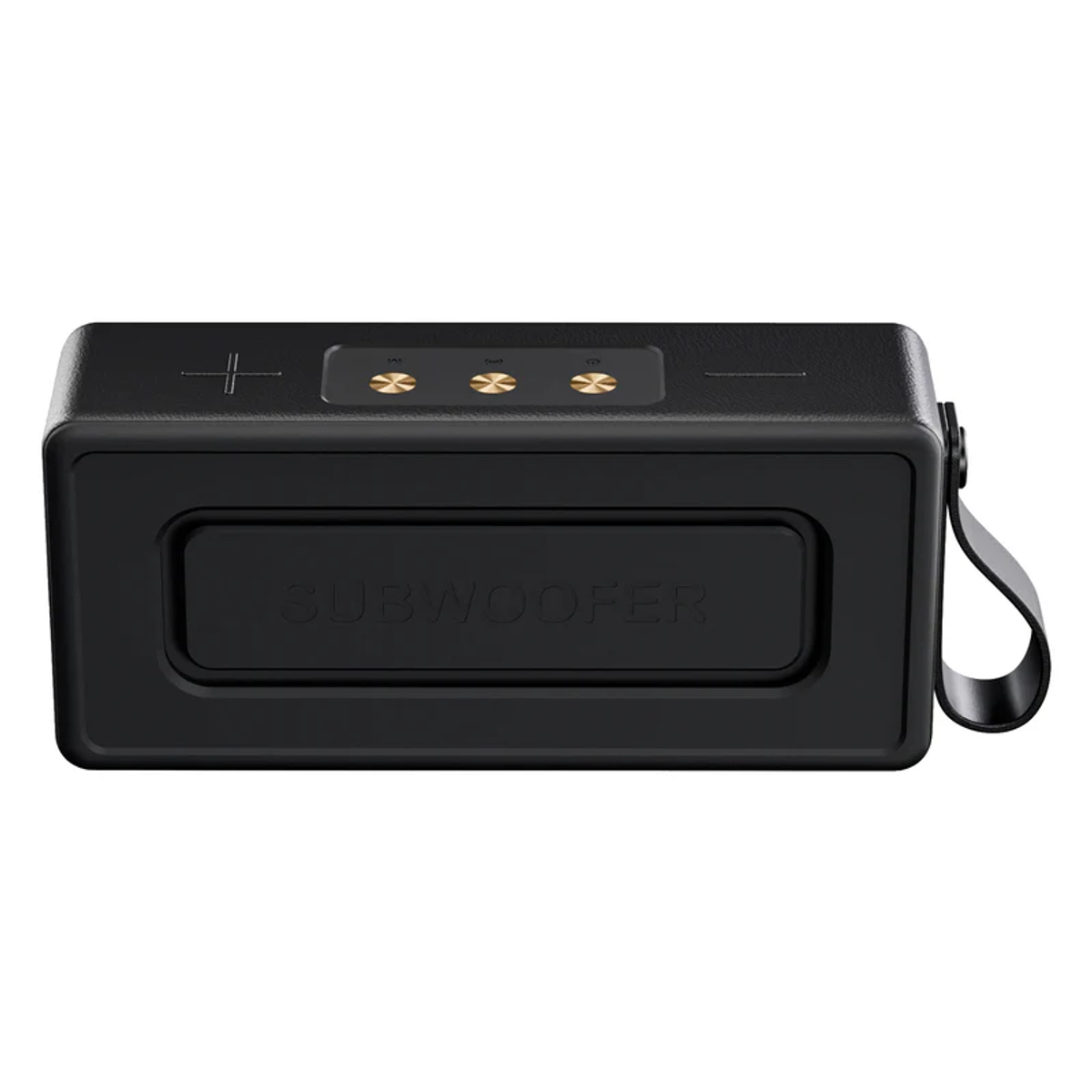 Altoparlante subwoofer nero con pulsanti e tracolla. Sfondo bianco.