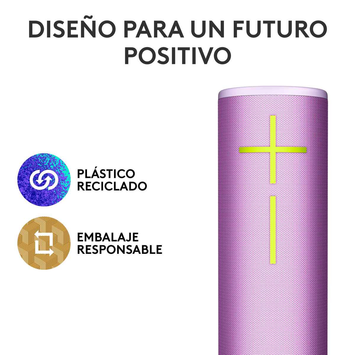 Un altoparlante rosa con un segno più giallo sul lato. L'altoparlante ha plastica riciclata e imballaggio responsabile.
