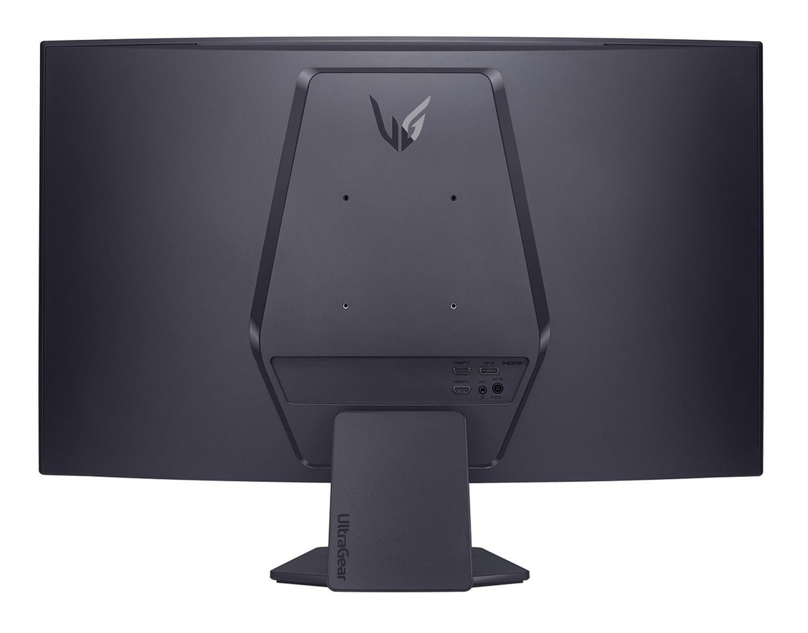 Widok z tyłu czarnego monitora komputera, z portami i podstawą na dole.