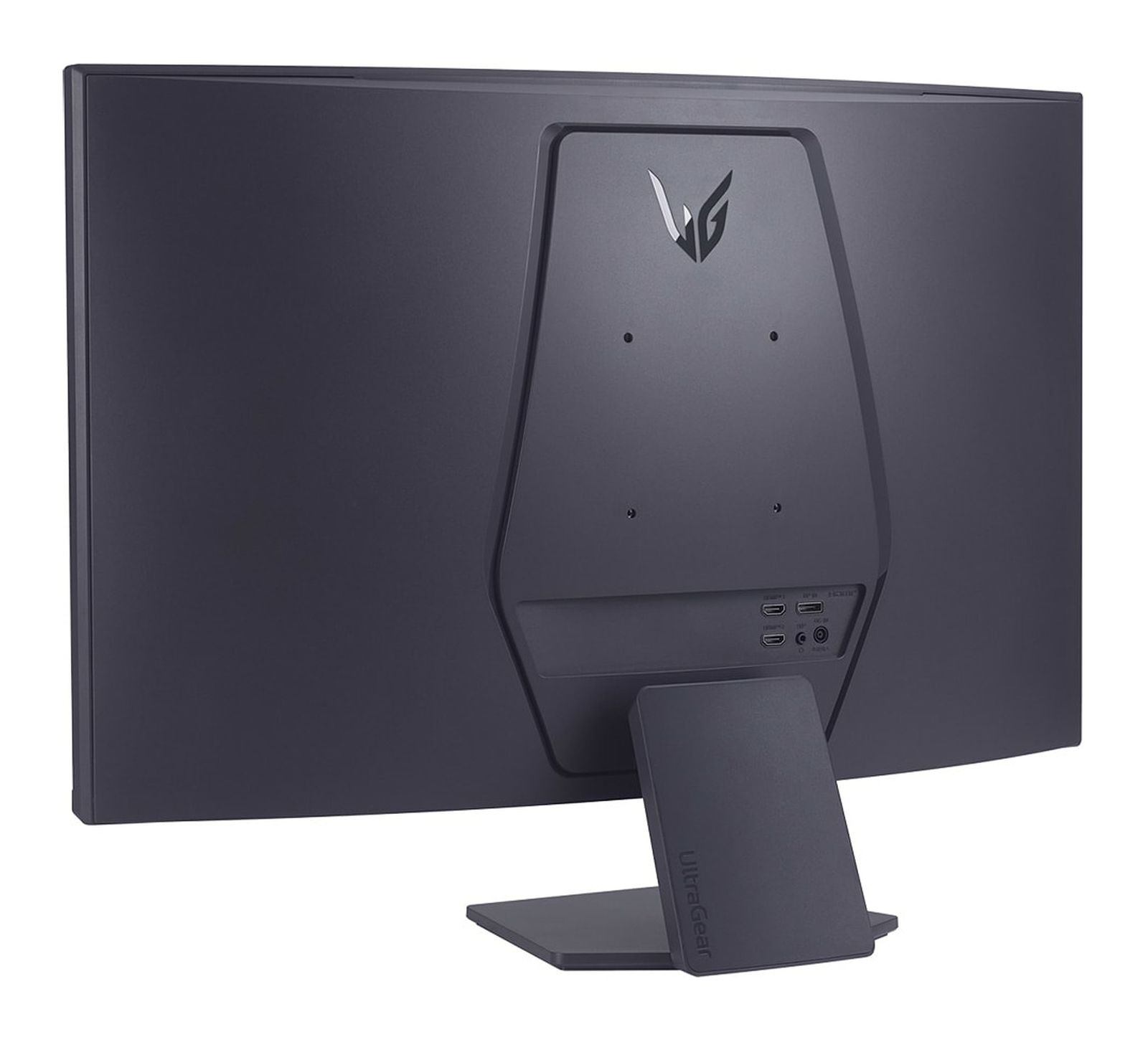 Tył ciemnego monitora ze stojakiem. Posiada logo i porty HDMI oraz inne połączenia.