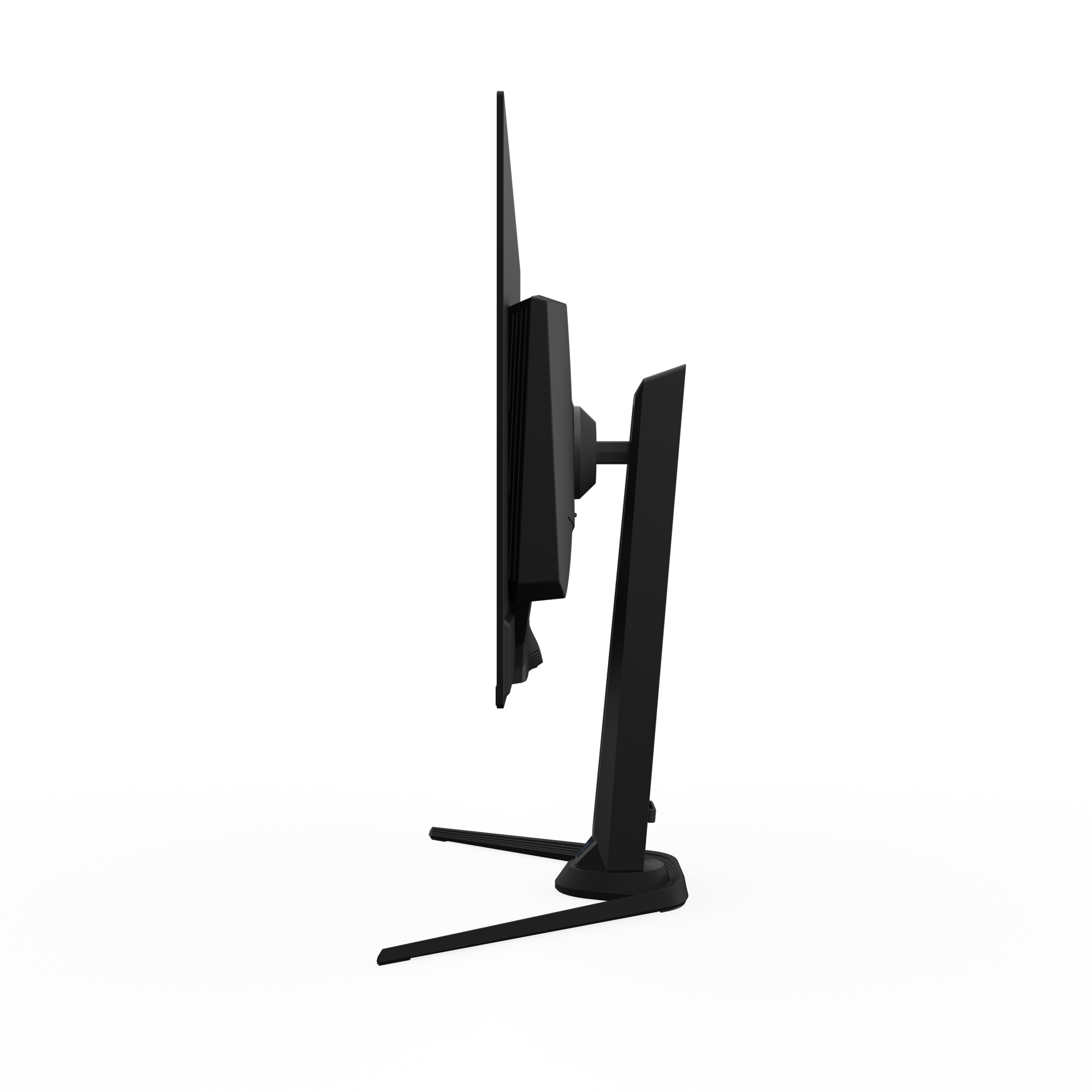 Czarny monitor komputera, widok z boku. Jest na stojaku z cienką podstawą, białe tło.