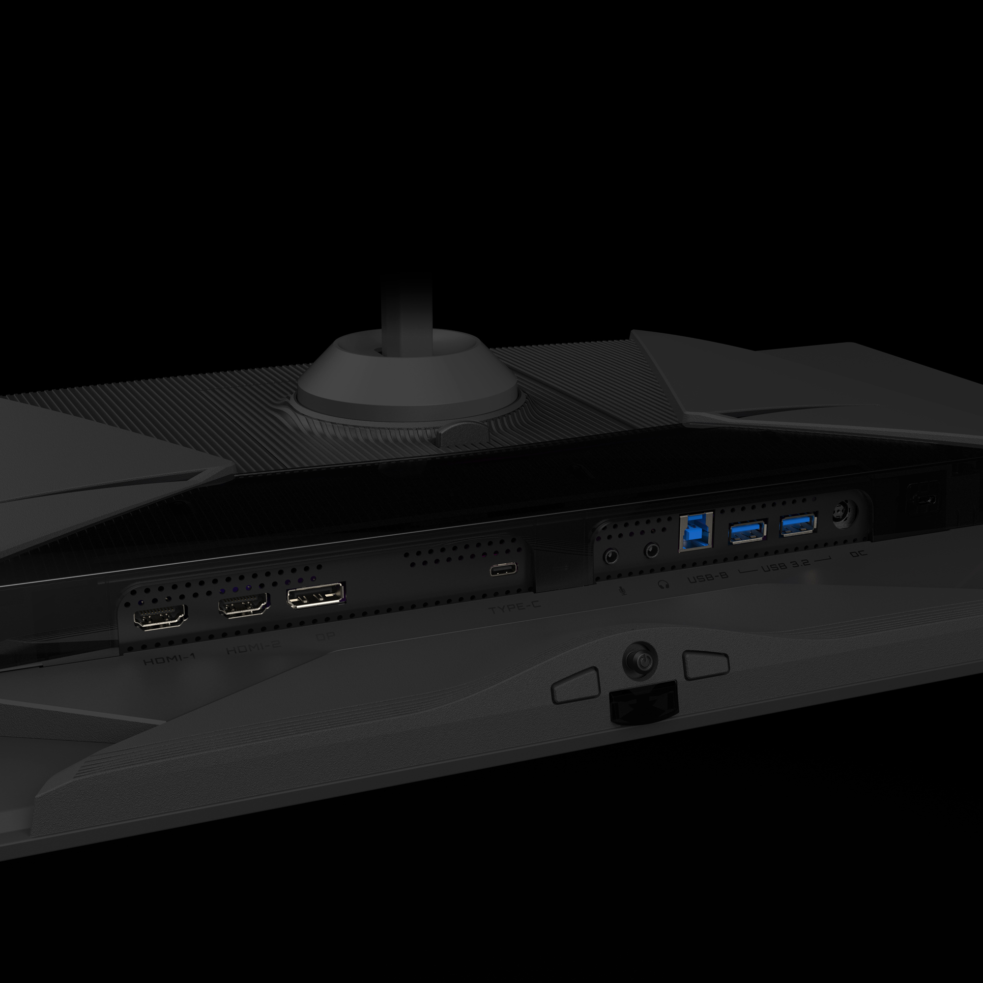 Czarny tył monitora z portami HDMI, Type-C i USB. Czarne tło.