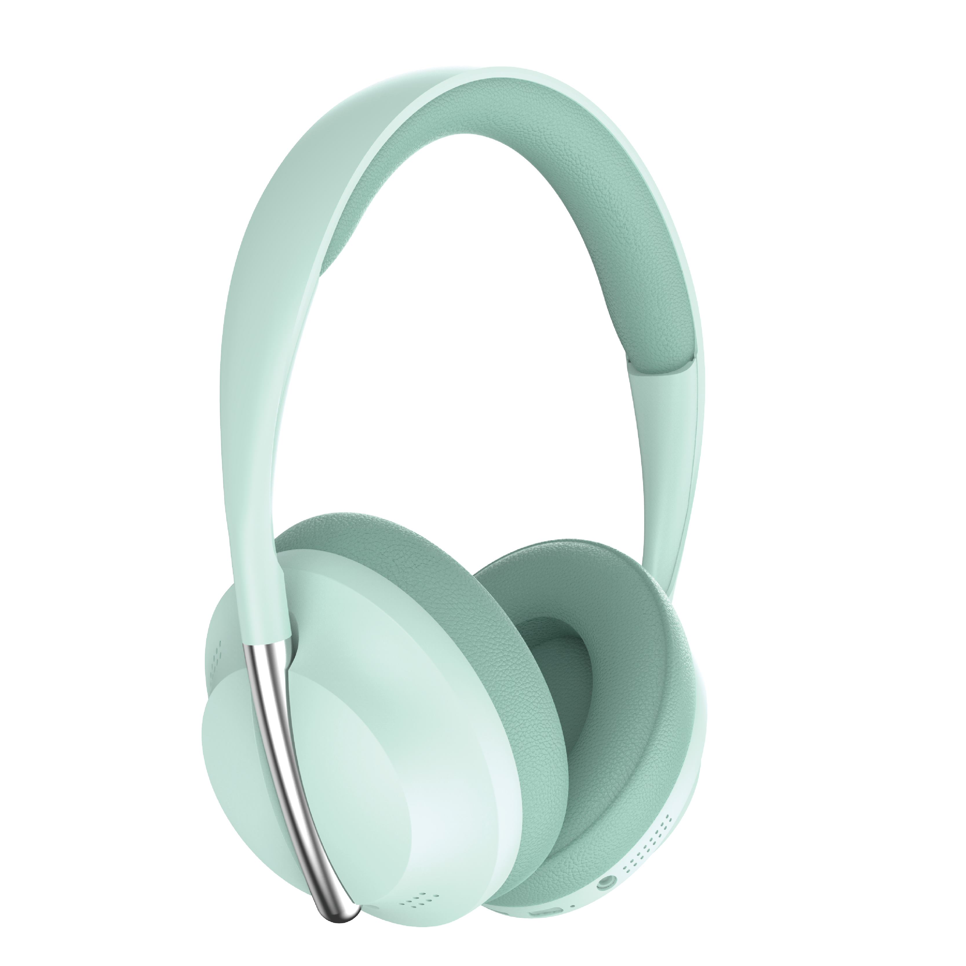 Auriculares color menta con acento plateado sobre fondo blanco.