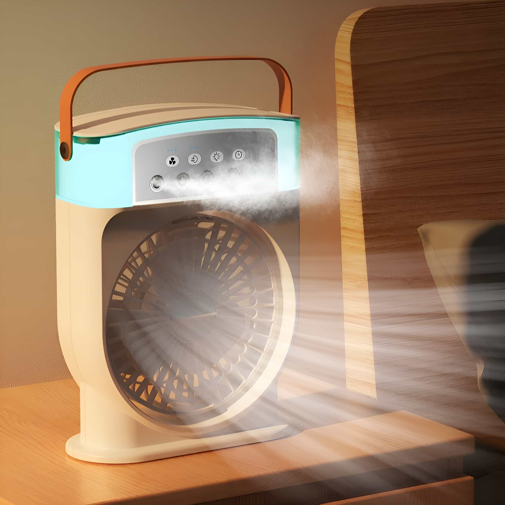 Ein kleiner Ventilator mit Griff, der Dampf abgibt.