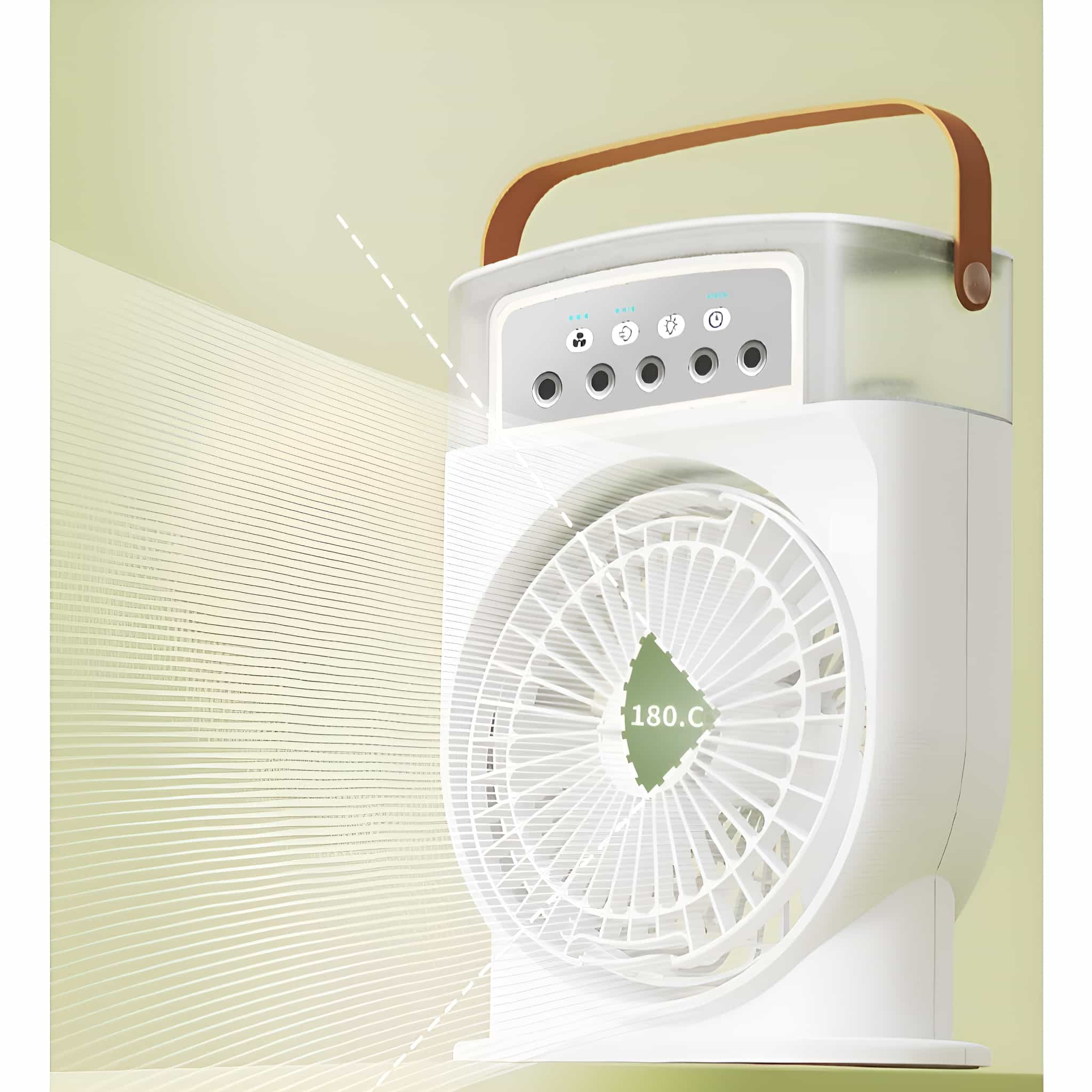 Ein weißer tragbarer Ventilator mit Bedienfeld und Lüfterflügeln. Der Hintergrund ist hellgrün.