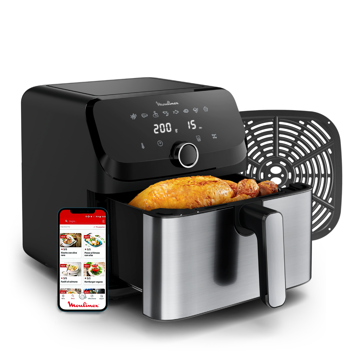 Czarna frytownica beztłuszczowa z jedzeniem w środku i akcesoriami. Telefon wyświetla aplikację. Białe tło.