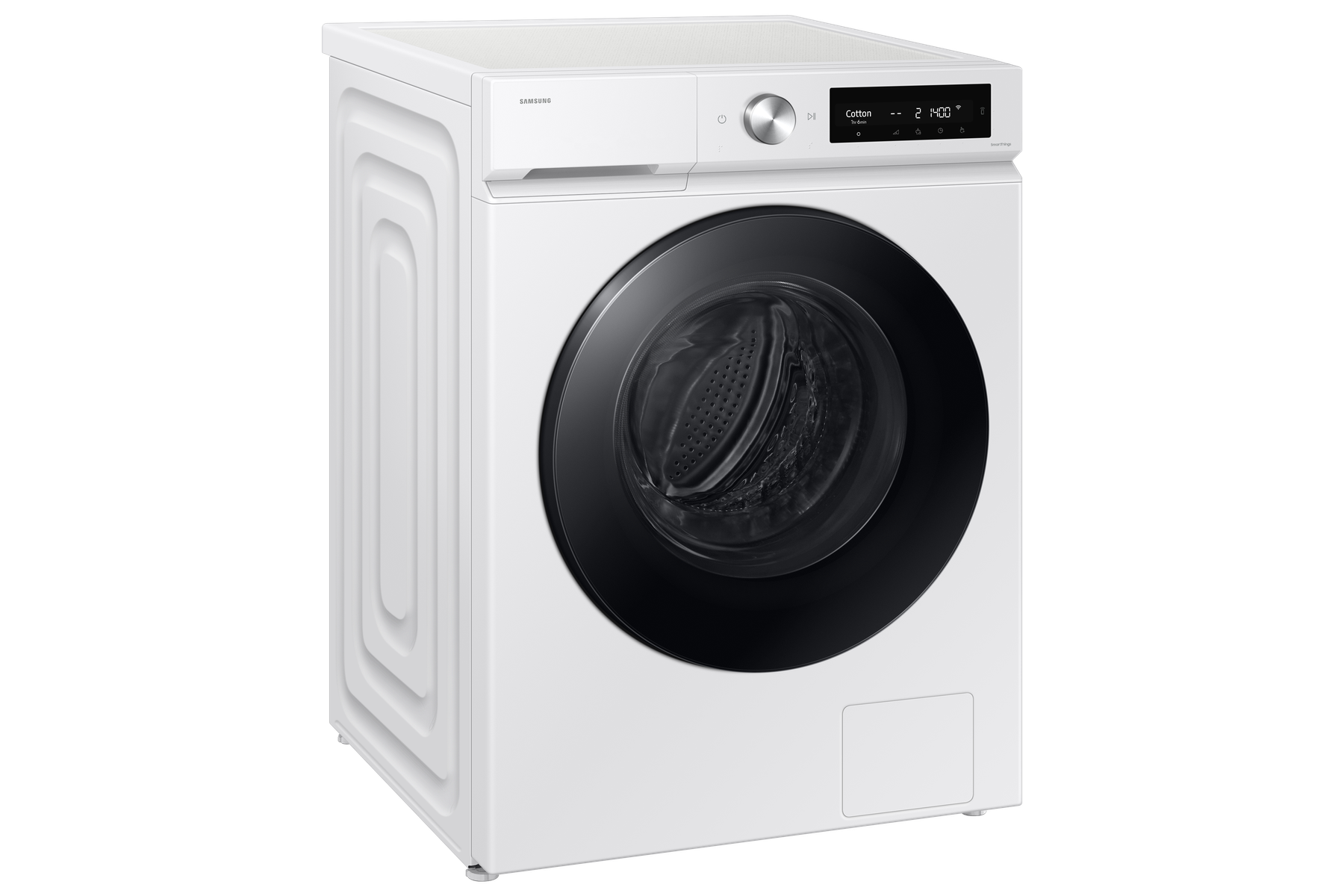 Biała pralka z czarnymi drzwiami i cyfrowym wyświetlaczem. Czarne tło.