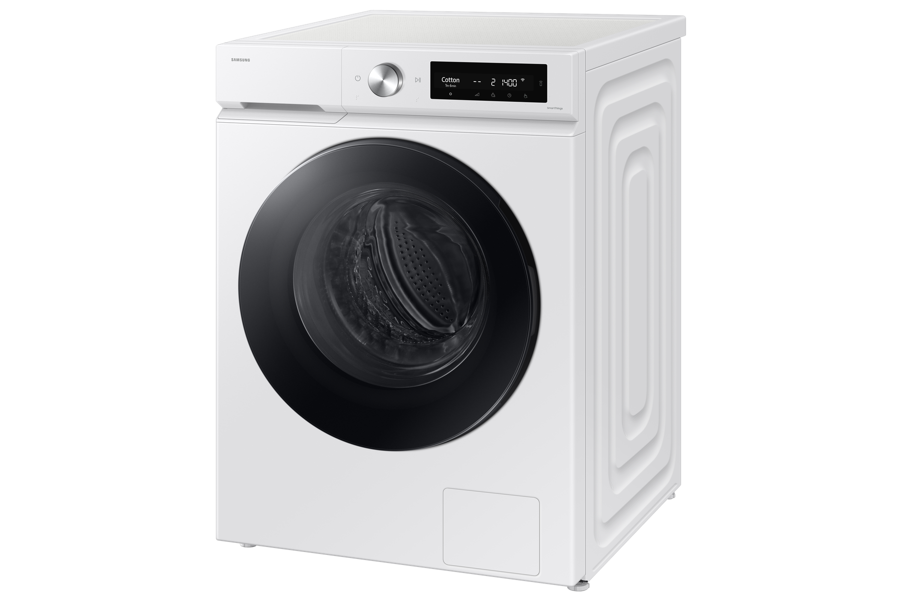 Biała pralka Samsung z czarnymi drzwiami na czarnym tle.