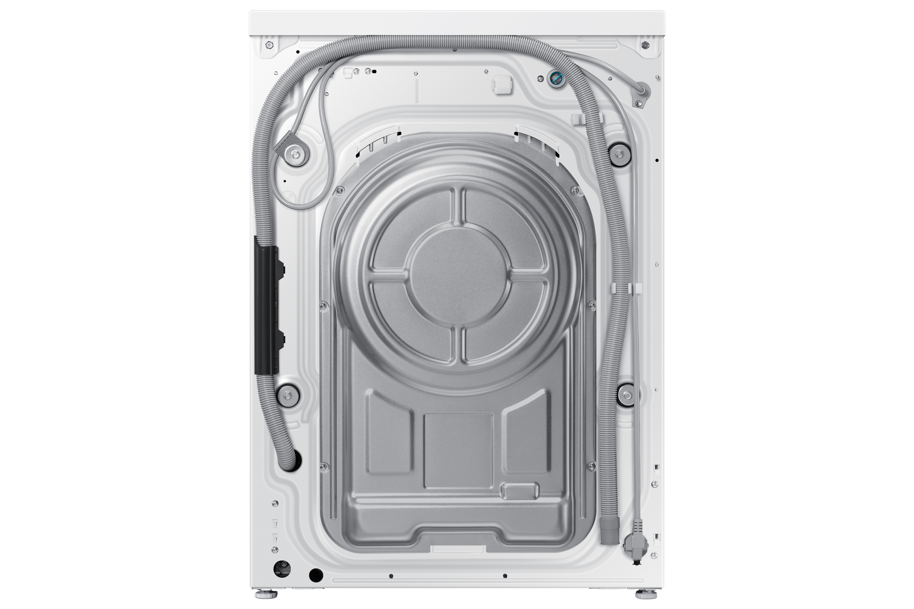 Tył białej pralki, pokazujący węże, metalową płytę i różne elementy.