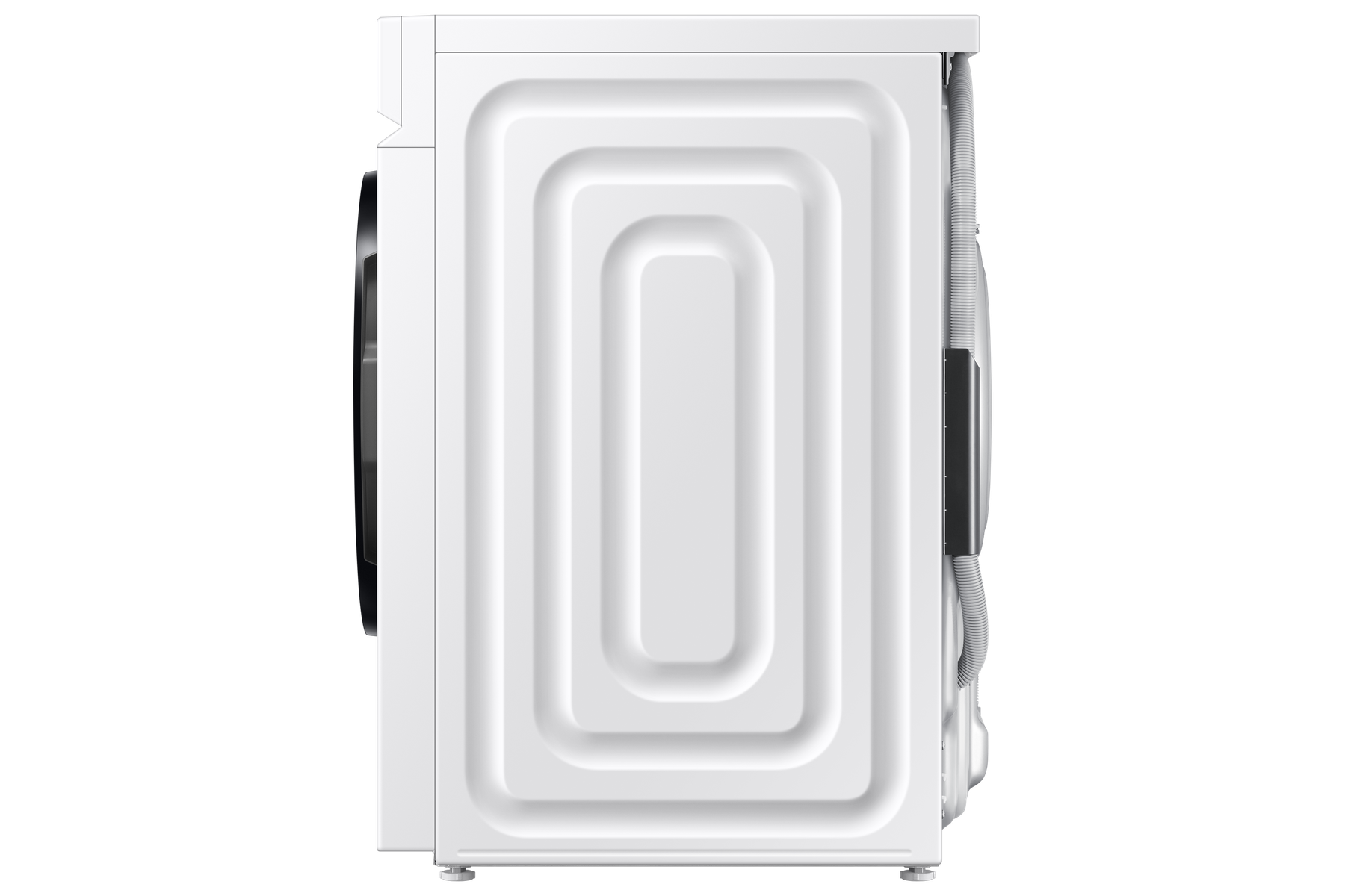 Widok z boku białej pralki z teksturowanym panelem tylnym.