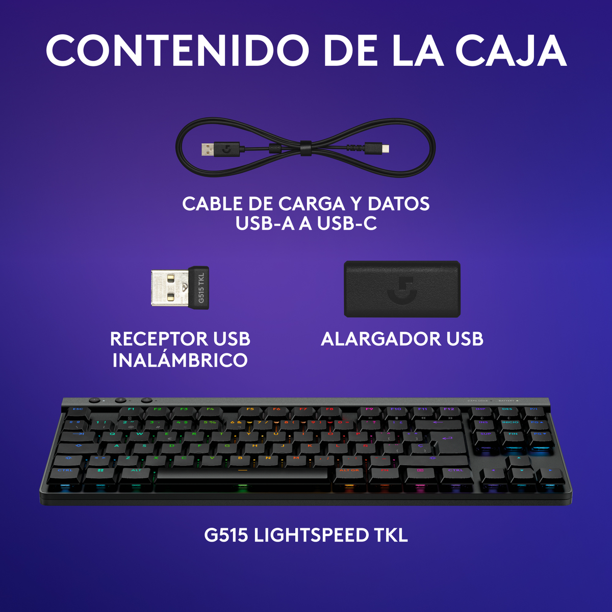 Contenuto di una scatola: cavo USB, ricevitore USB ed estensore USB con tastiera. Testo: CONTENIDO DE LA CAJA.