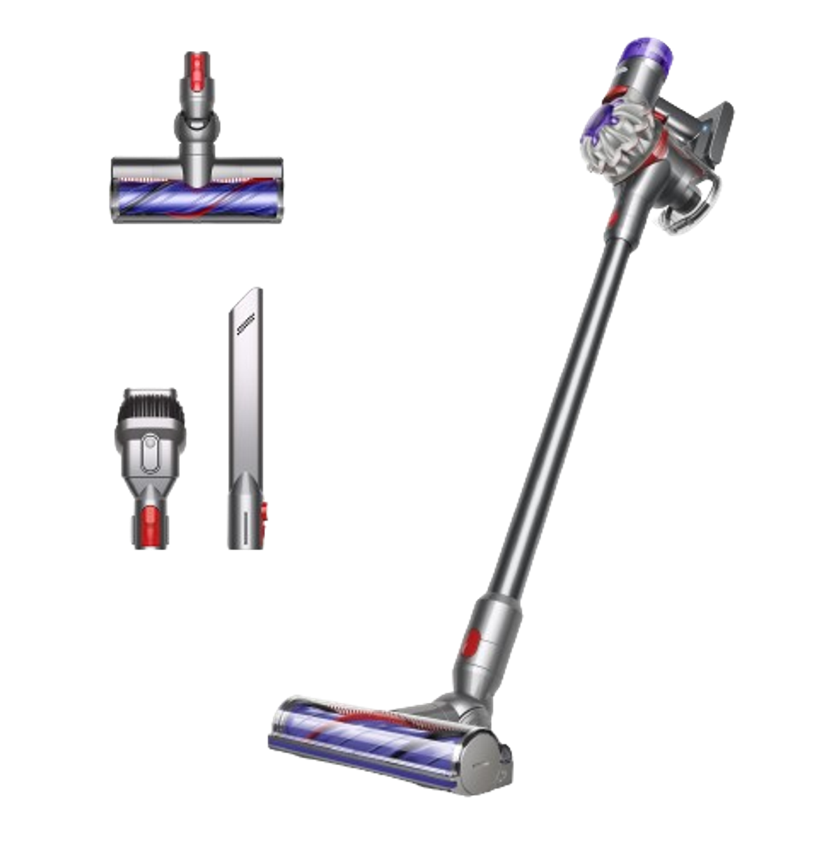 Bezprzewodowy odkurzacz z nasadkami, w tym różnymi głowicami szczotek na czarnym tle.