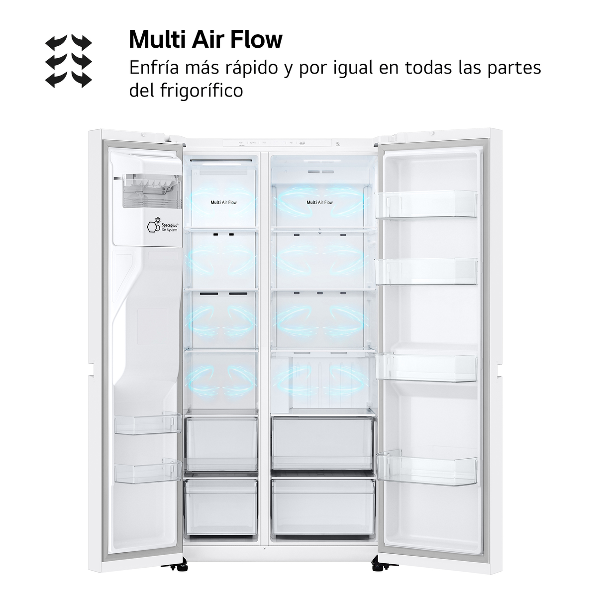 Refrigerador blanco abierto mostrando estantes, cajones y diseño de flujo de aire.