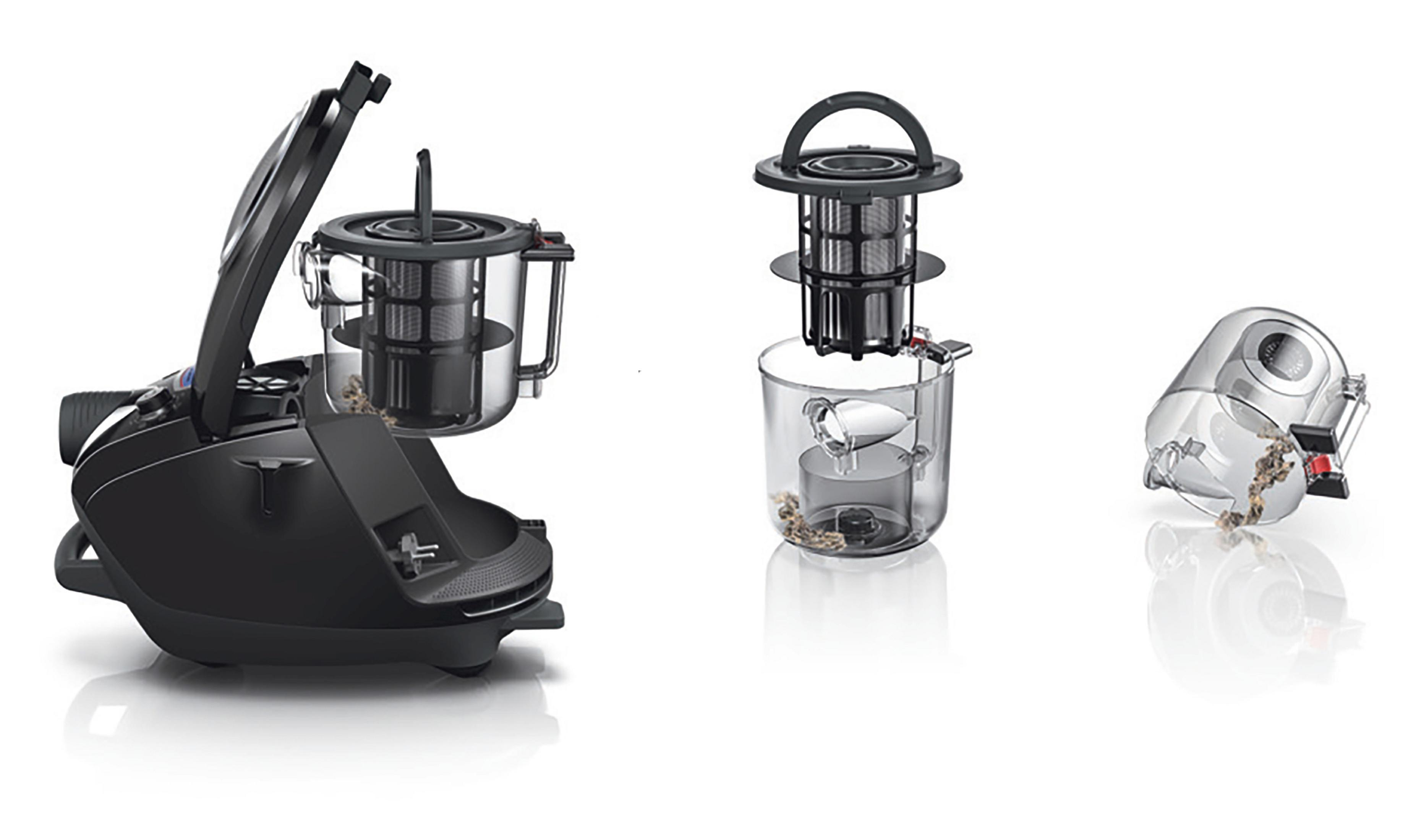 Odkurzacz zdemontowany, wyświetlane komponenty, z białym tłem.