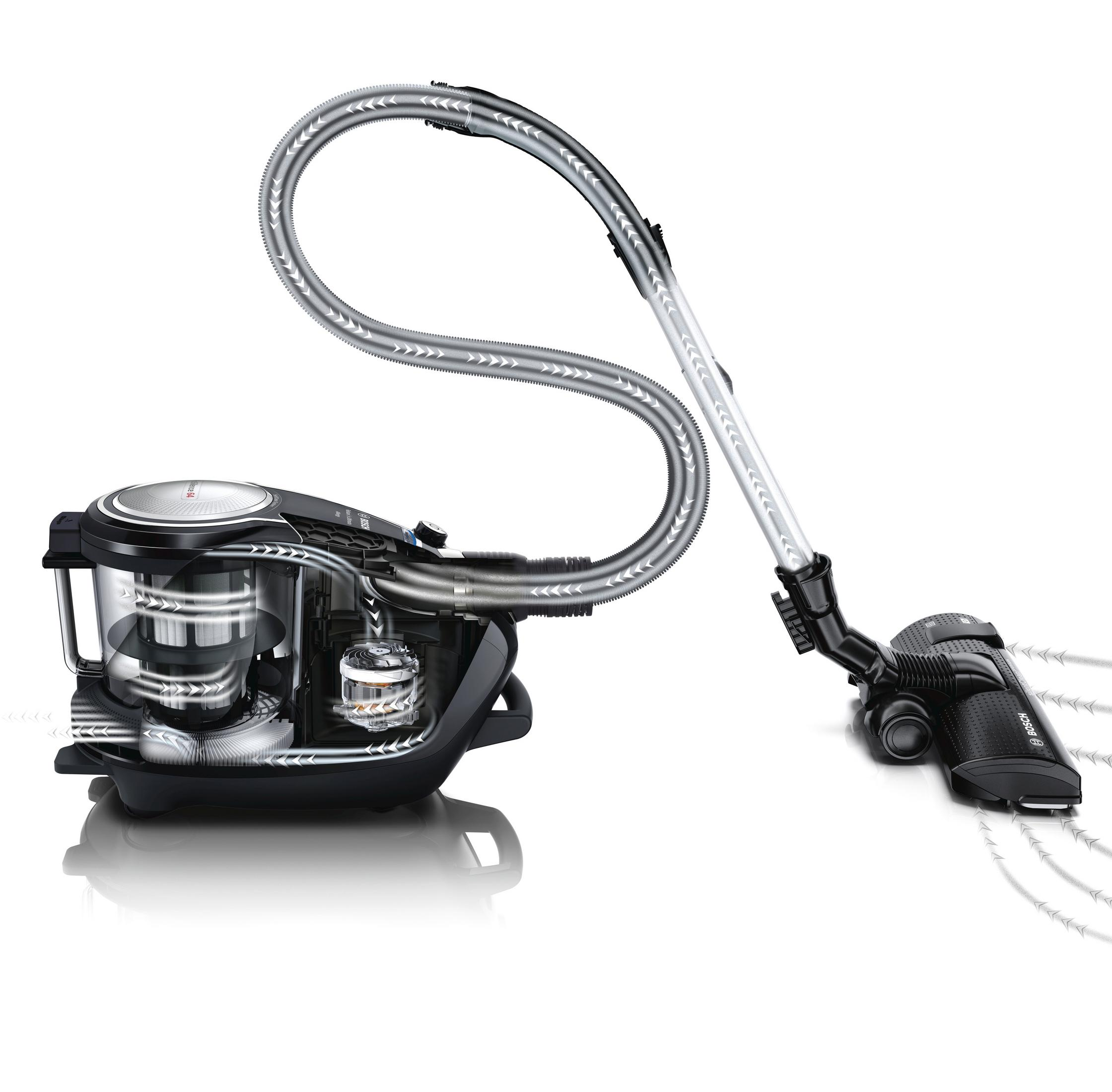 Czarny odkurzacz z przezroczystymi częściami, białe tło, widok przekrojowy.