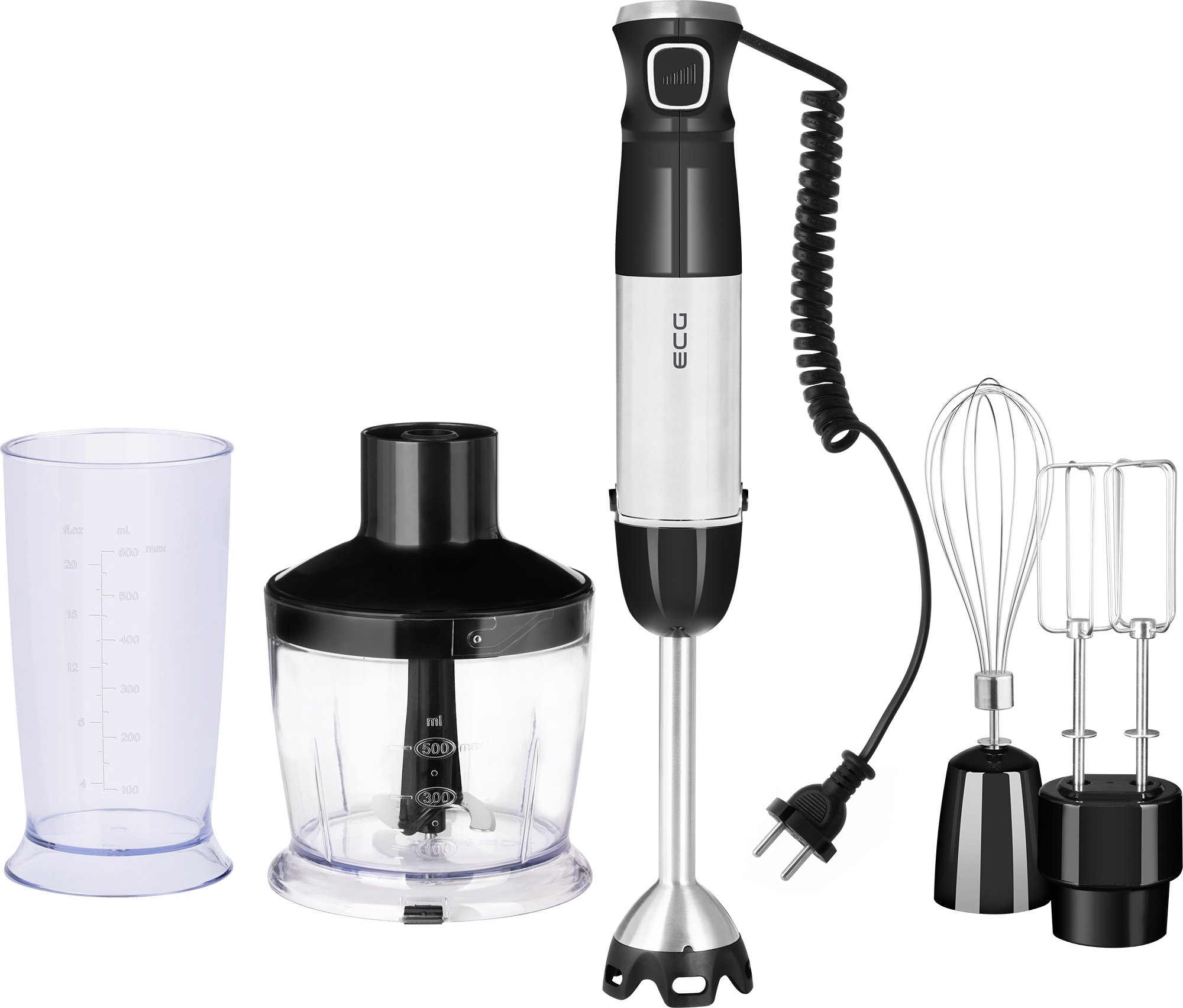 Handmixer mit Aufsätzen. Schwarz-weißes Design. Transparenter Messbecher.