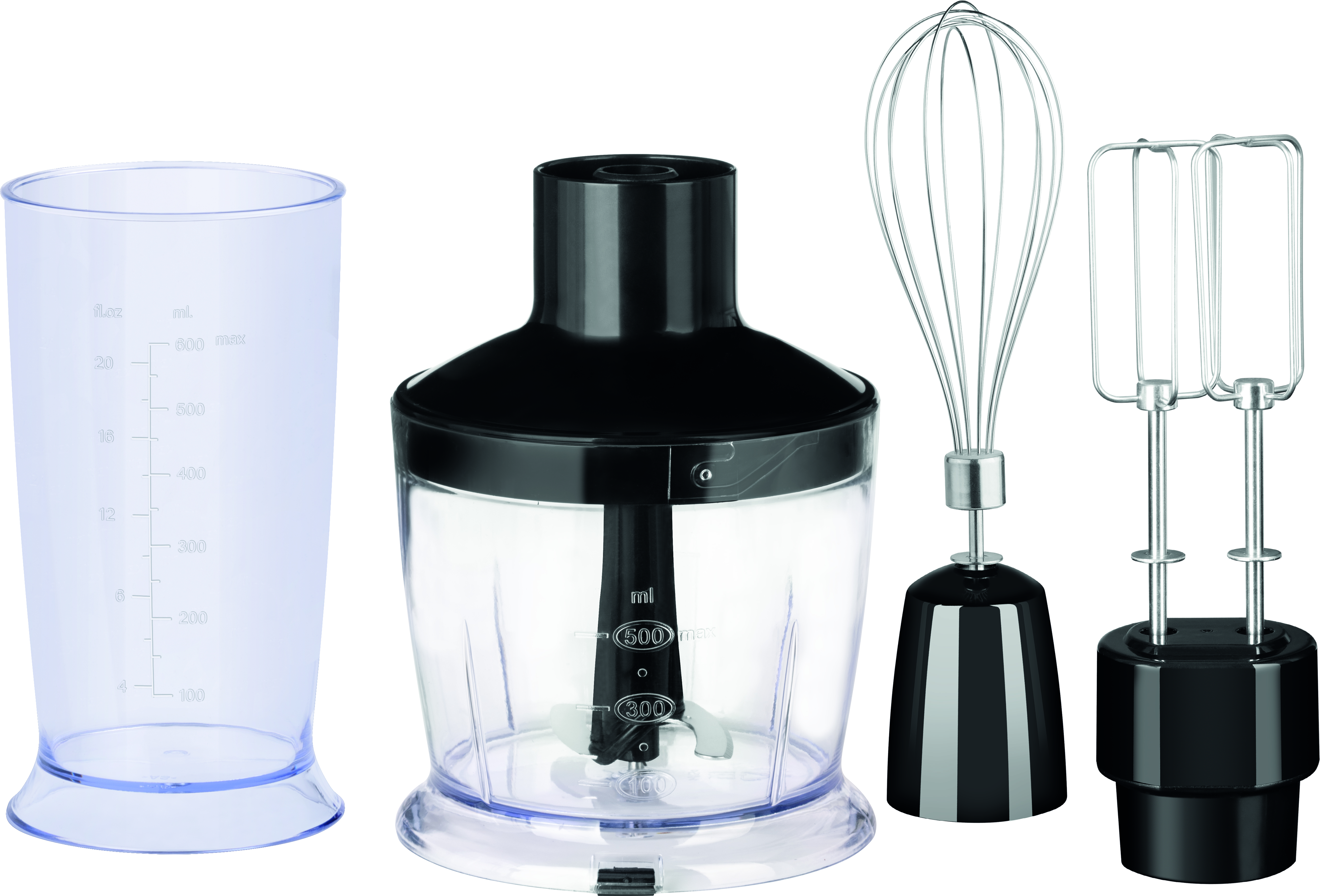 Handlicher Mixer und Zubehör: Mixbecher, Schneebesen und Rührwerkaufsätze.