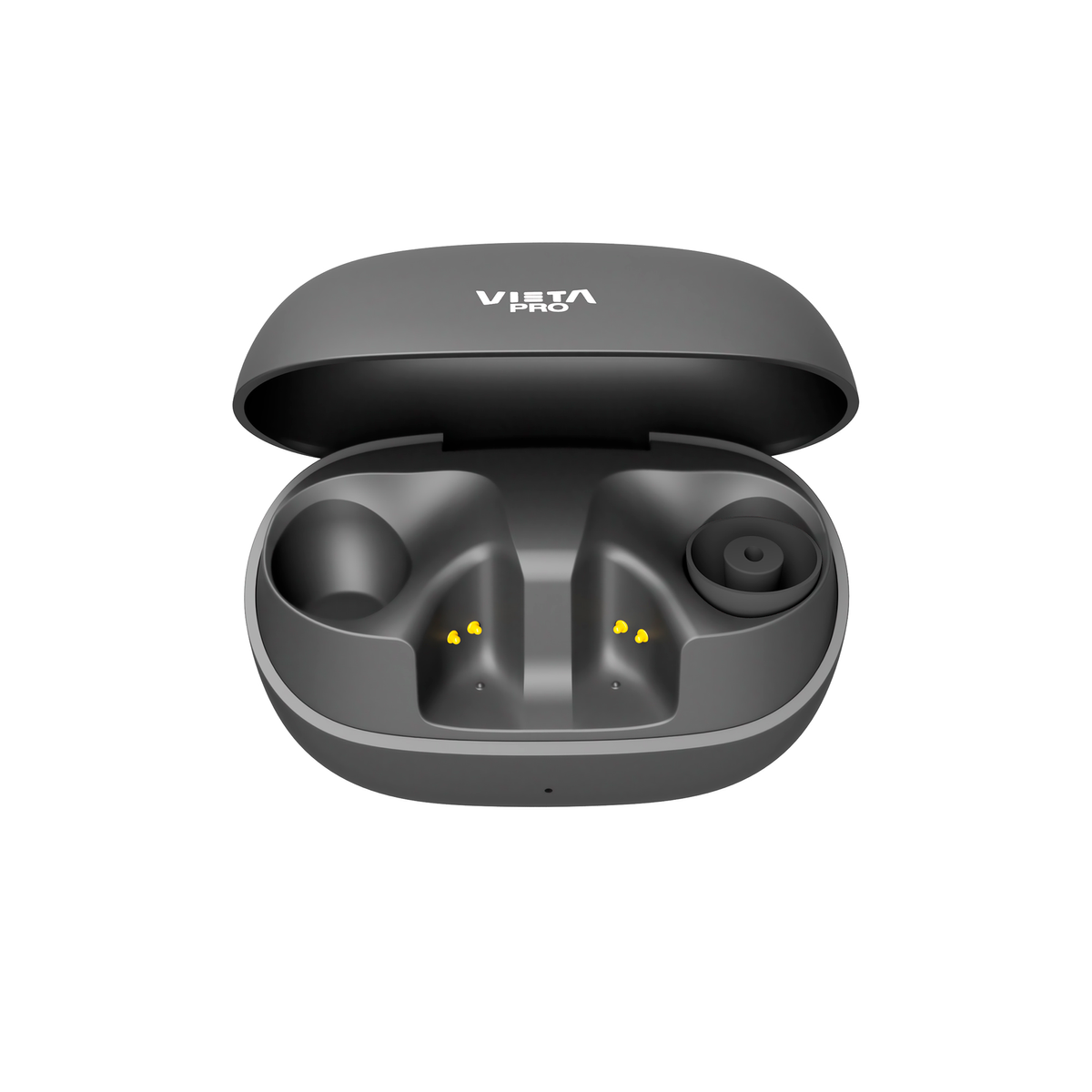 Auriculares Vista Pro grises en su estuche de carga, abierto. Estuche con la marca.