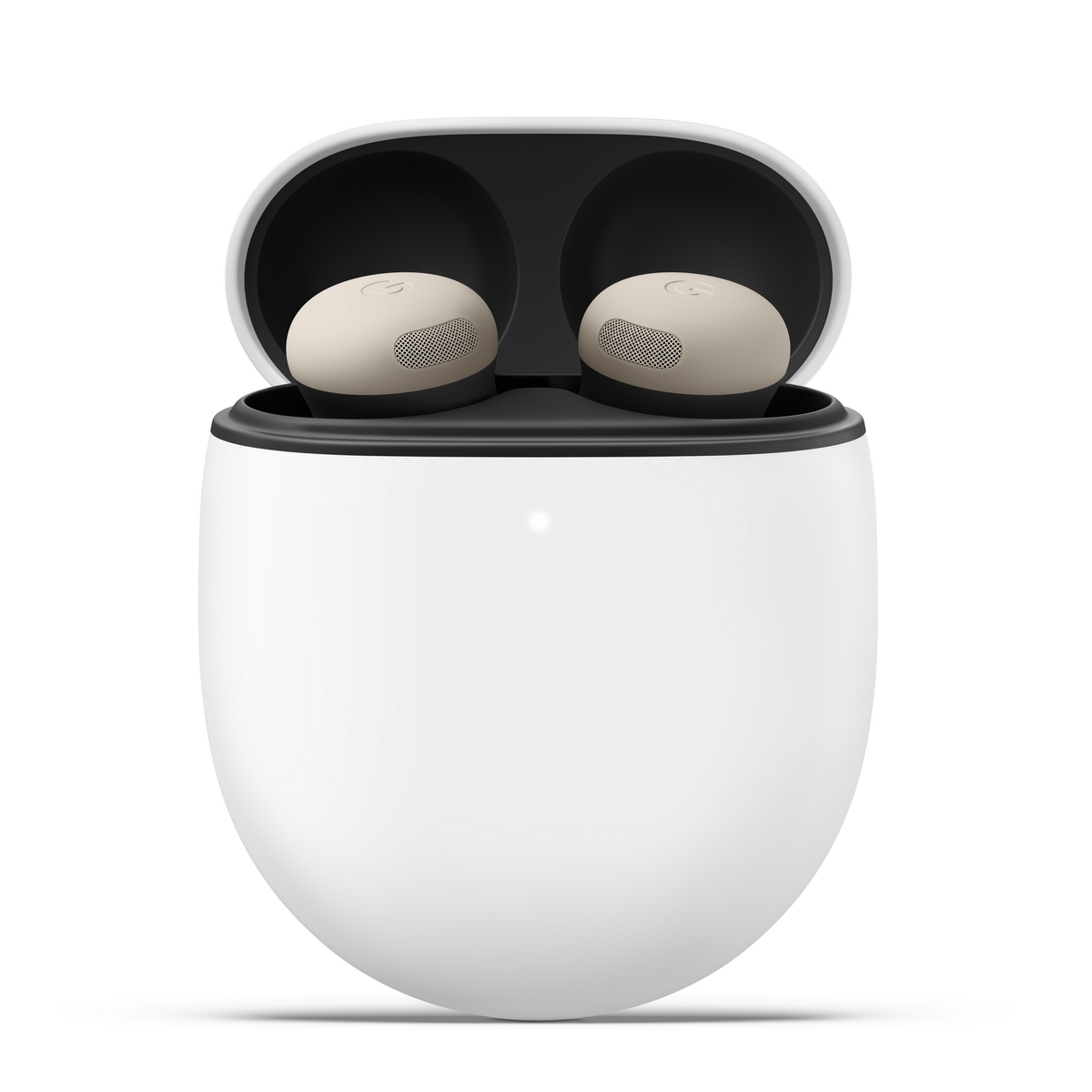 Białe etui ładujące z dwoma beżowymi bezprzewodowymi słuchawkami w środku. Etui jest otwarte, widać słuchawki.