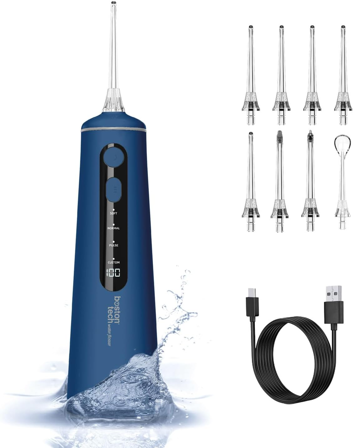Un irrigador dental azul, con varias puntas y un cable de carga, sobre un fondo blanco.