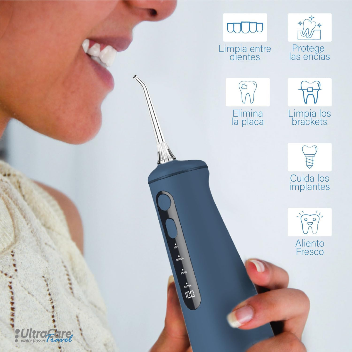 Mujer usando un irrigador bucal. Iconos muestran beneficios: dientes limpios, encías sanas, etc.