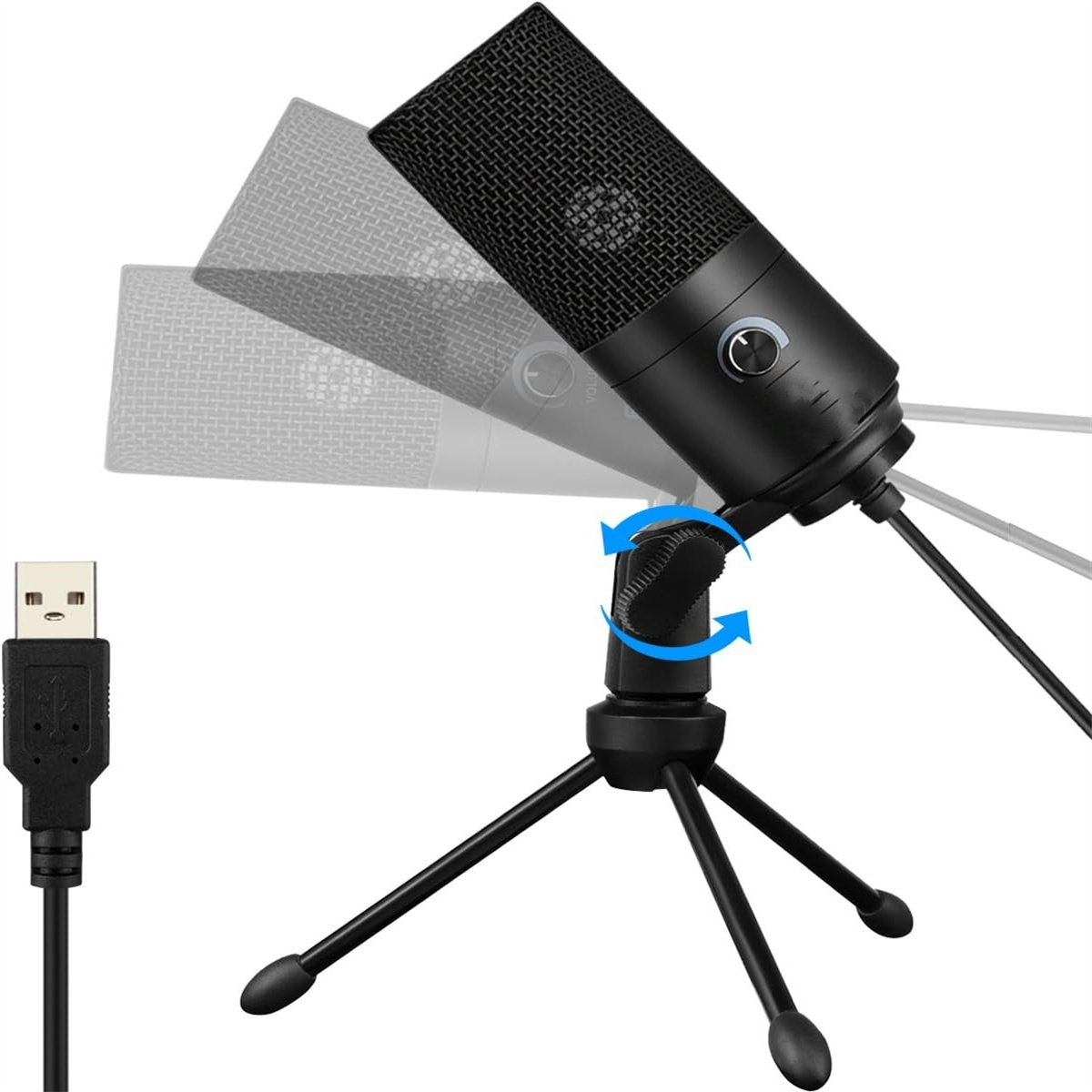 Ein schwarzes Mikrofon auf einem kleinen Stativ mit angeschlossenem USB-Kabel. Das Mikrofon ist abgewinkelt.