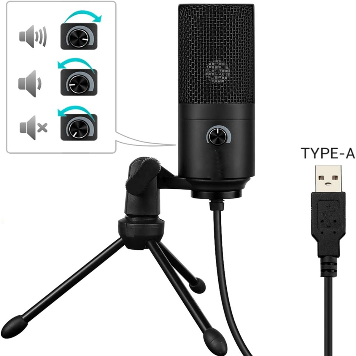 Schwarzes Mikrofon auf Stativ, Lautstärkeregler-Symbole und USB-Kabel. Weißer Hintergrund.