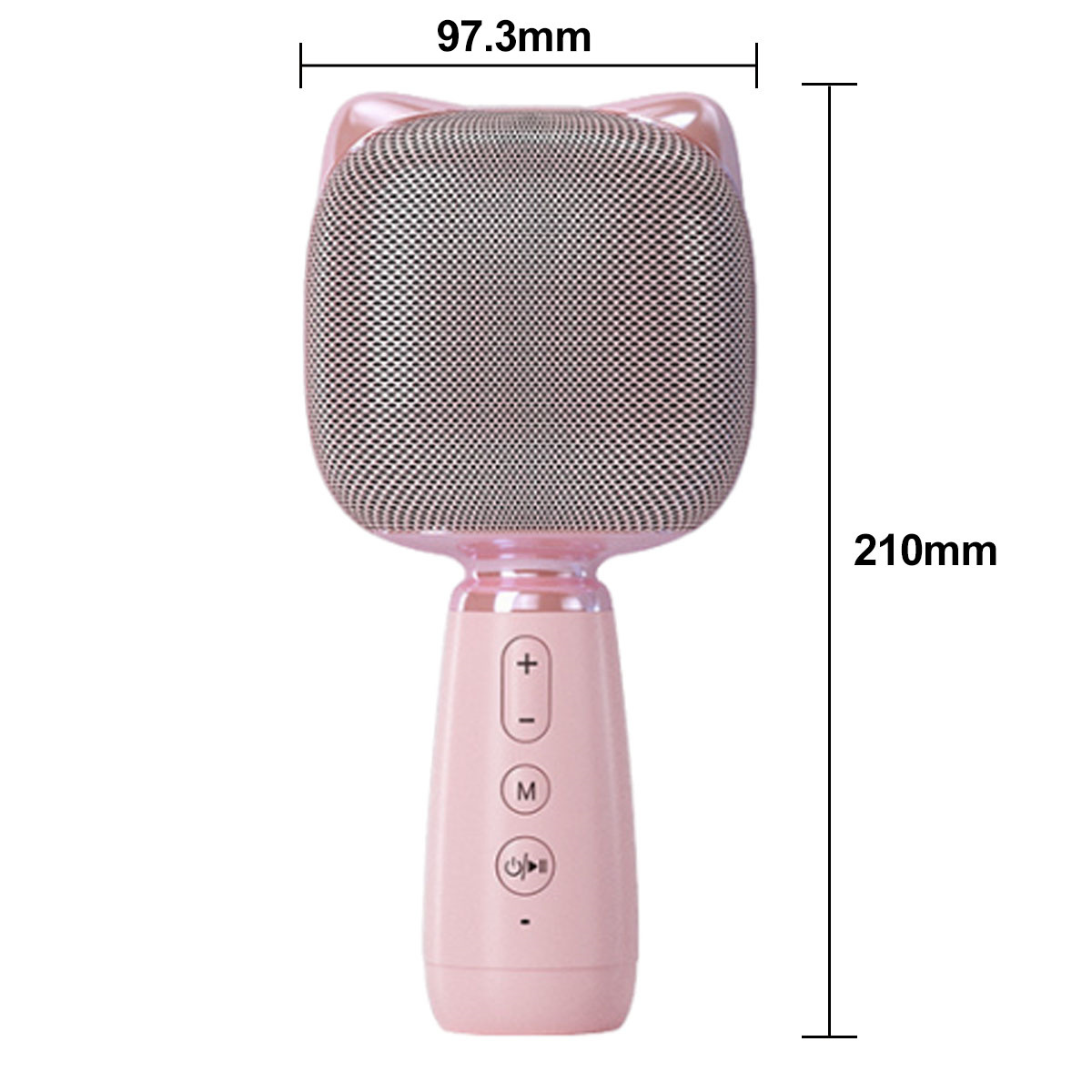 Ein rosa Karaoke-Mikrofon mit Steuertasten und einem Mesh-Kopf, mit Größenangaben.