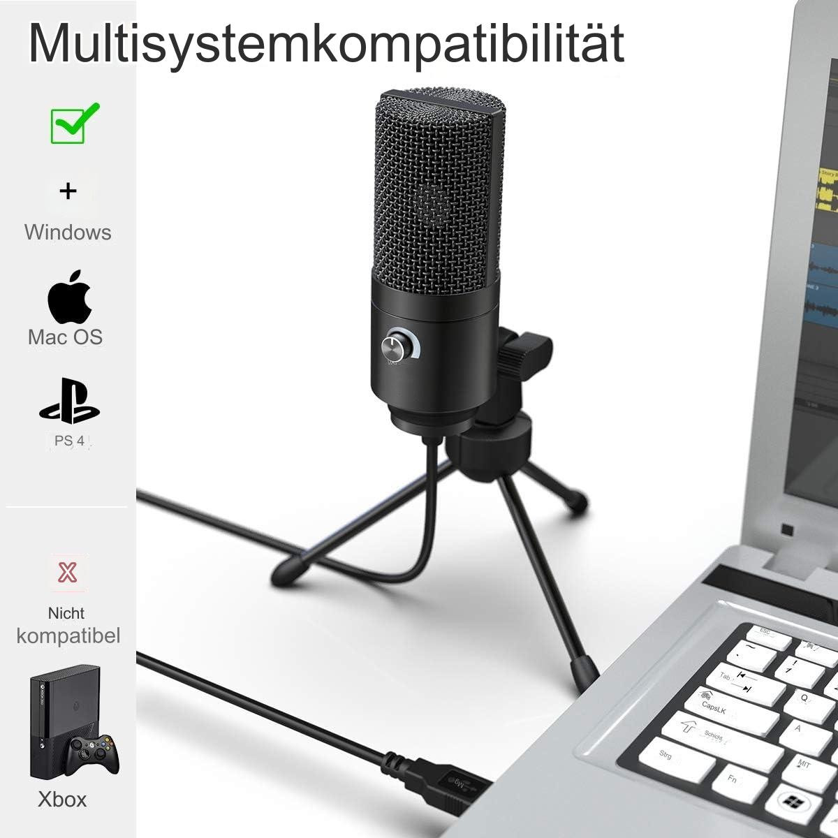 Mikrofon auf einem Ständer neben einem Laptop, mit Kompatibilitäts-Symbolen und dem Wort 'Xbox'.