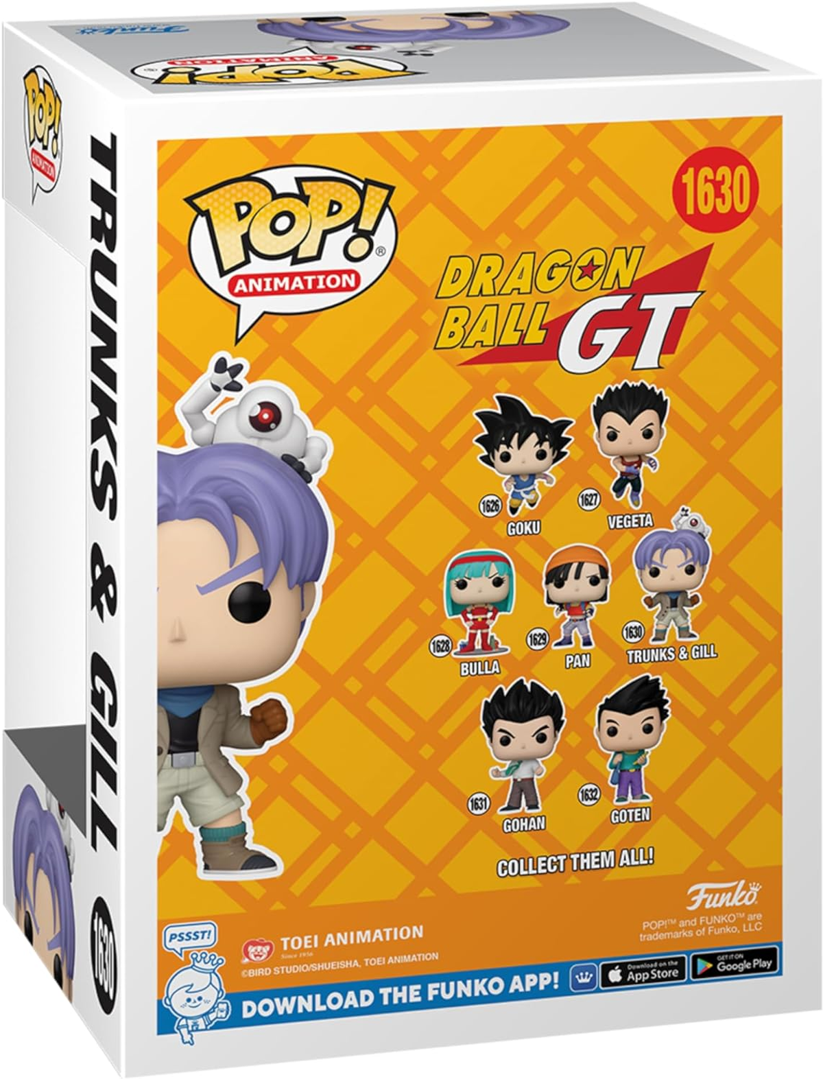 Funko Pop-Box für Dragon Ball GT. Enthält Trunks, Zeichentrickfiguren und einen gelben Hintergrund.