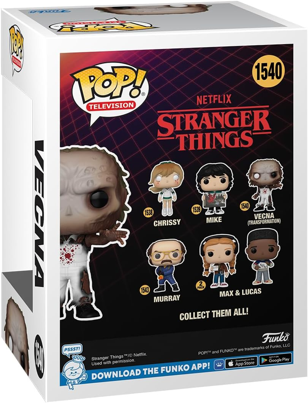 Eine Stranger Things Funko Pop-Box mit Charakterbildern.