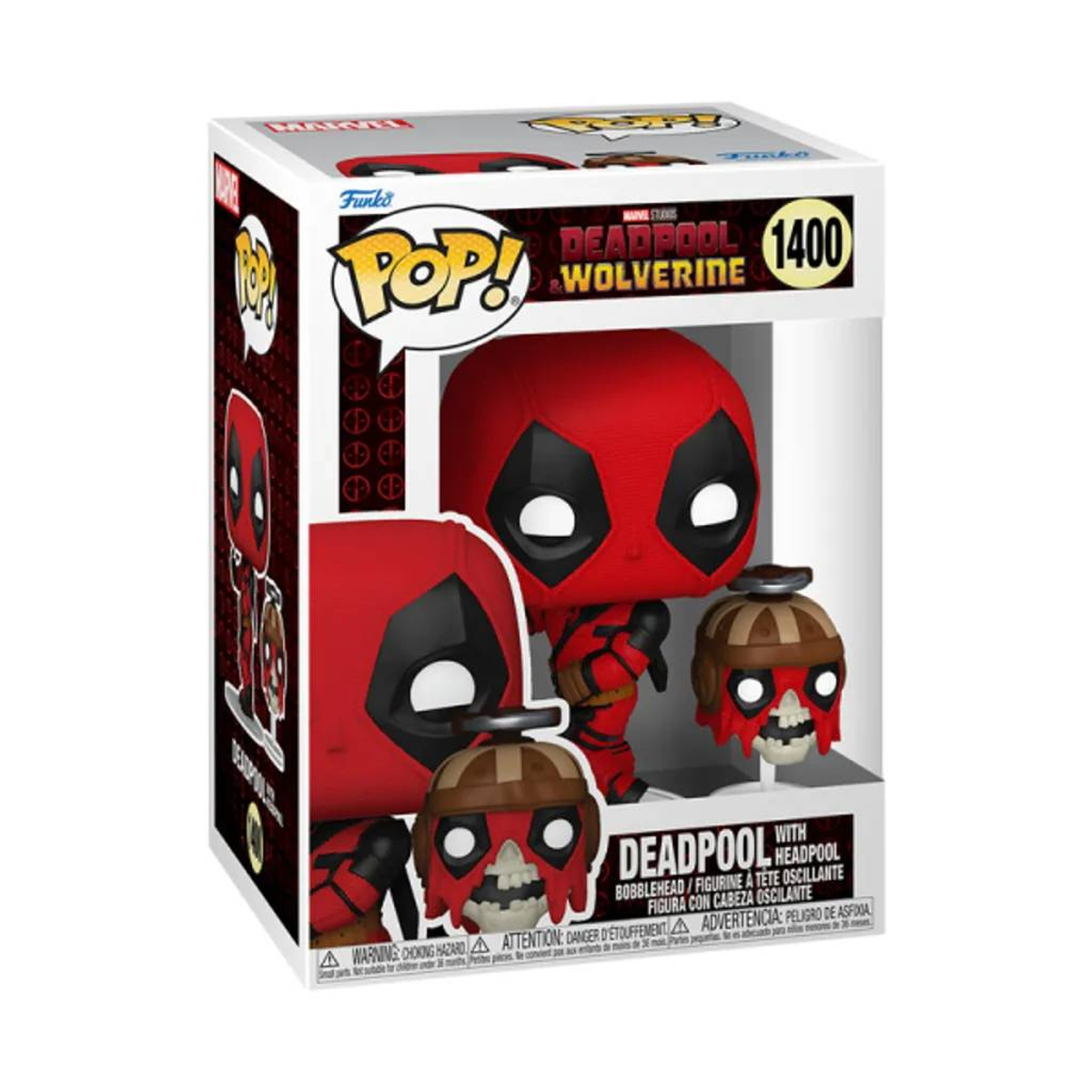 Statuina di Deadpool in una scatola con vista laterale di Deadpool e la sua testa. La scatola ha logo e testo.