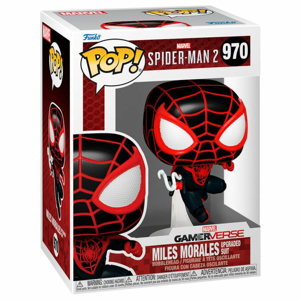 Scatola Funko Pop di Spider-Man 2 Miles Morales. Abito rosso e nero, sfondo bianco.