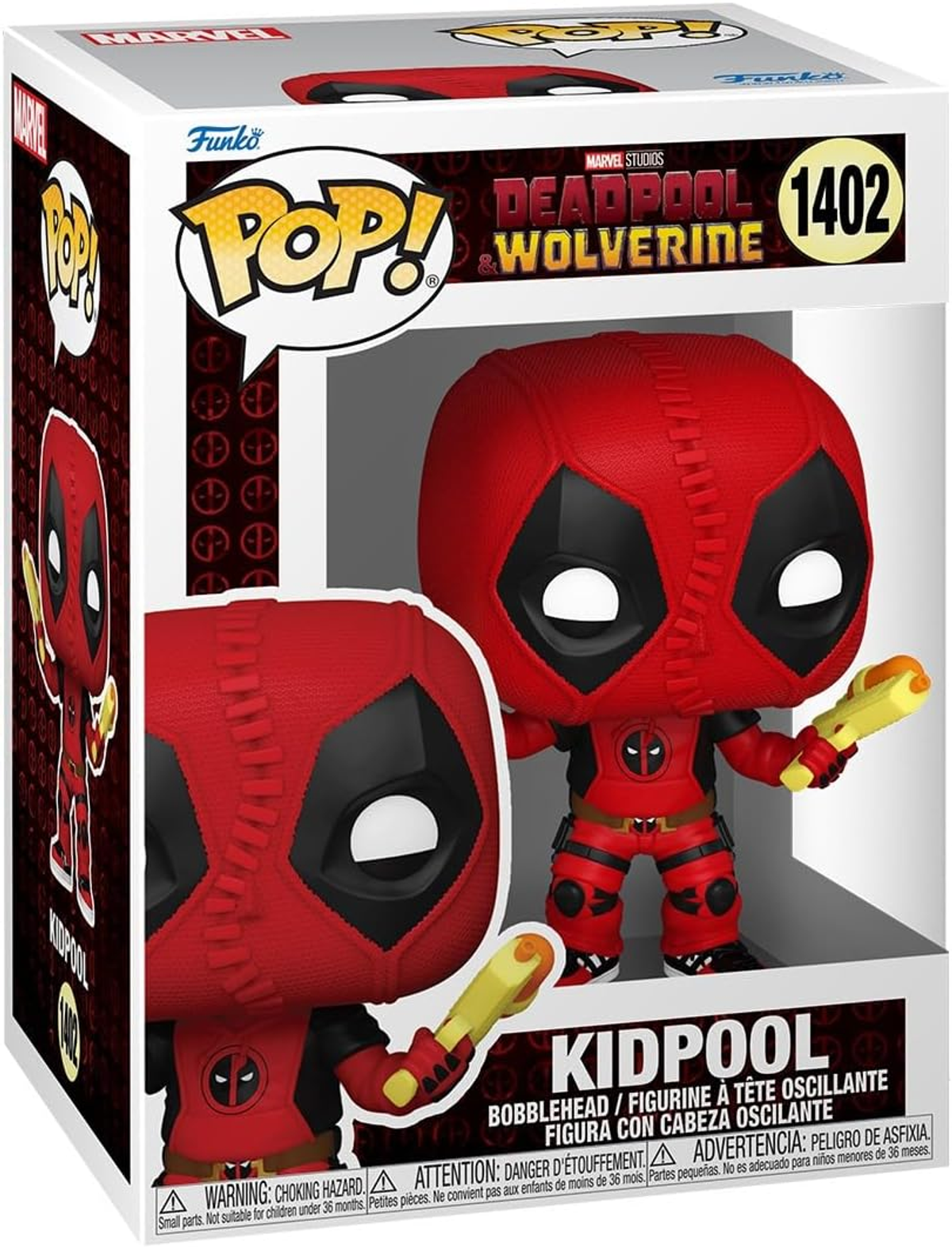 Figura Funko Pop de Deadpool Wolverine en caja, Deadpool sosteniendo un arma.