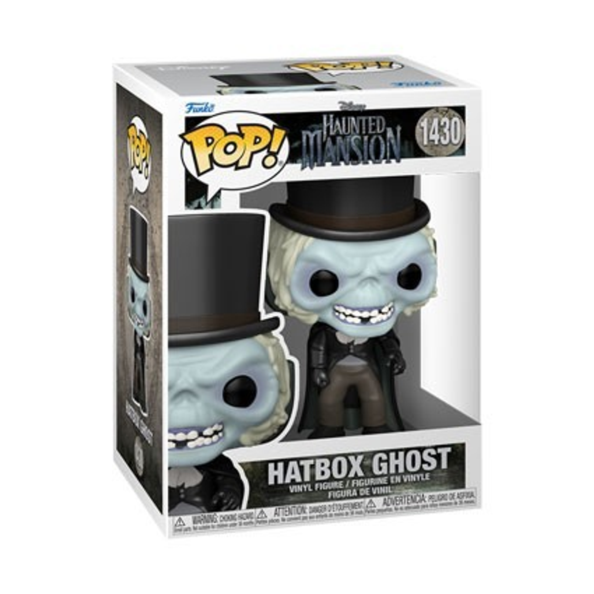 Scatola Funko Pop con una statuina di Hatbox Ghost. La scatola ha un fronte trasparente che mostra la statuina.