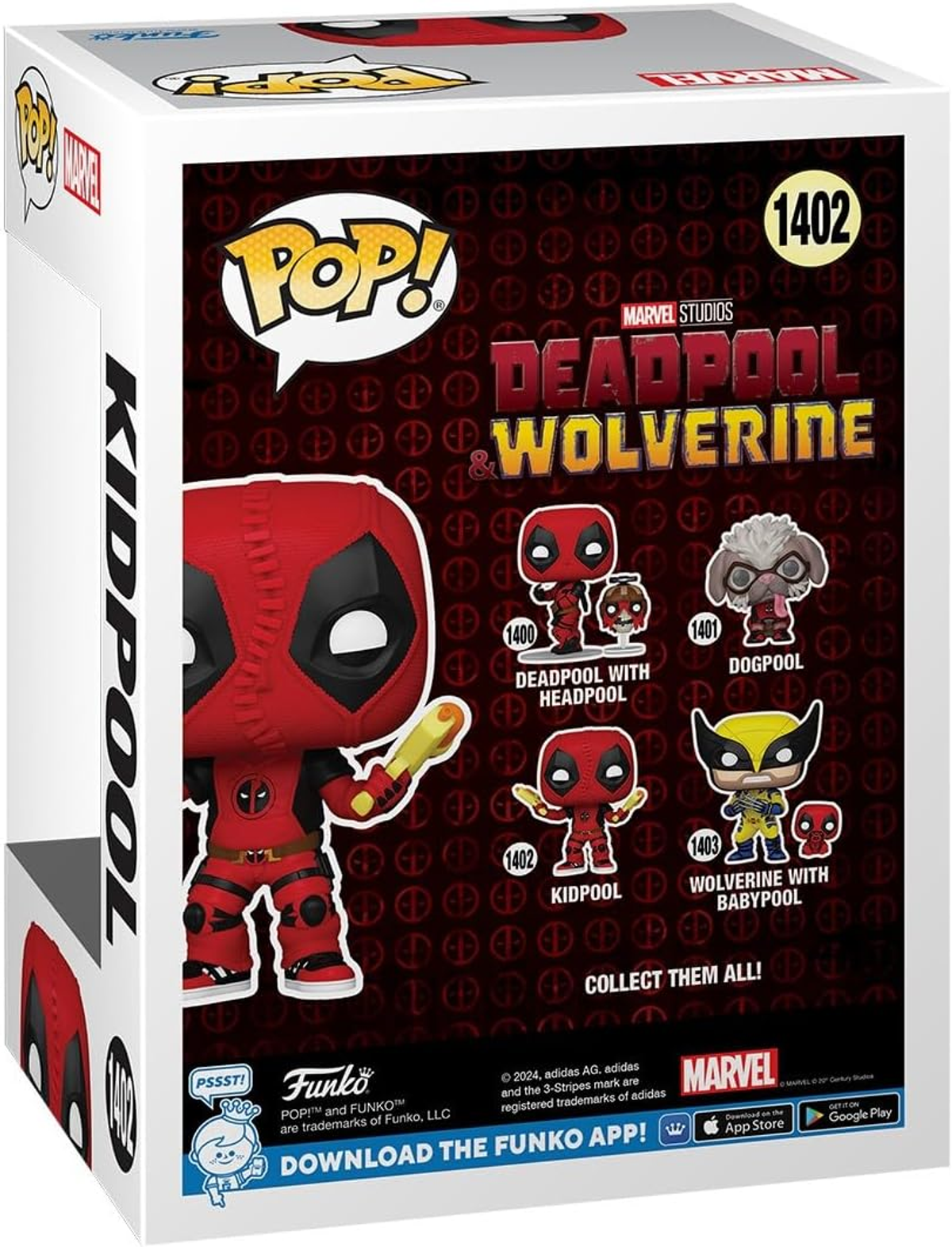 Caja Funko Pop de Deadpool y Lobezno. La parte trasera muestra figuras de Deadpool y Lobezno.