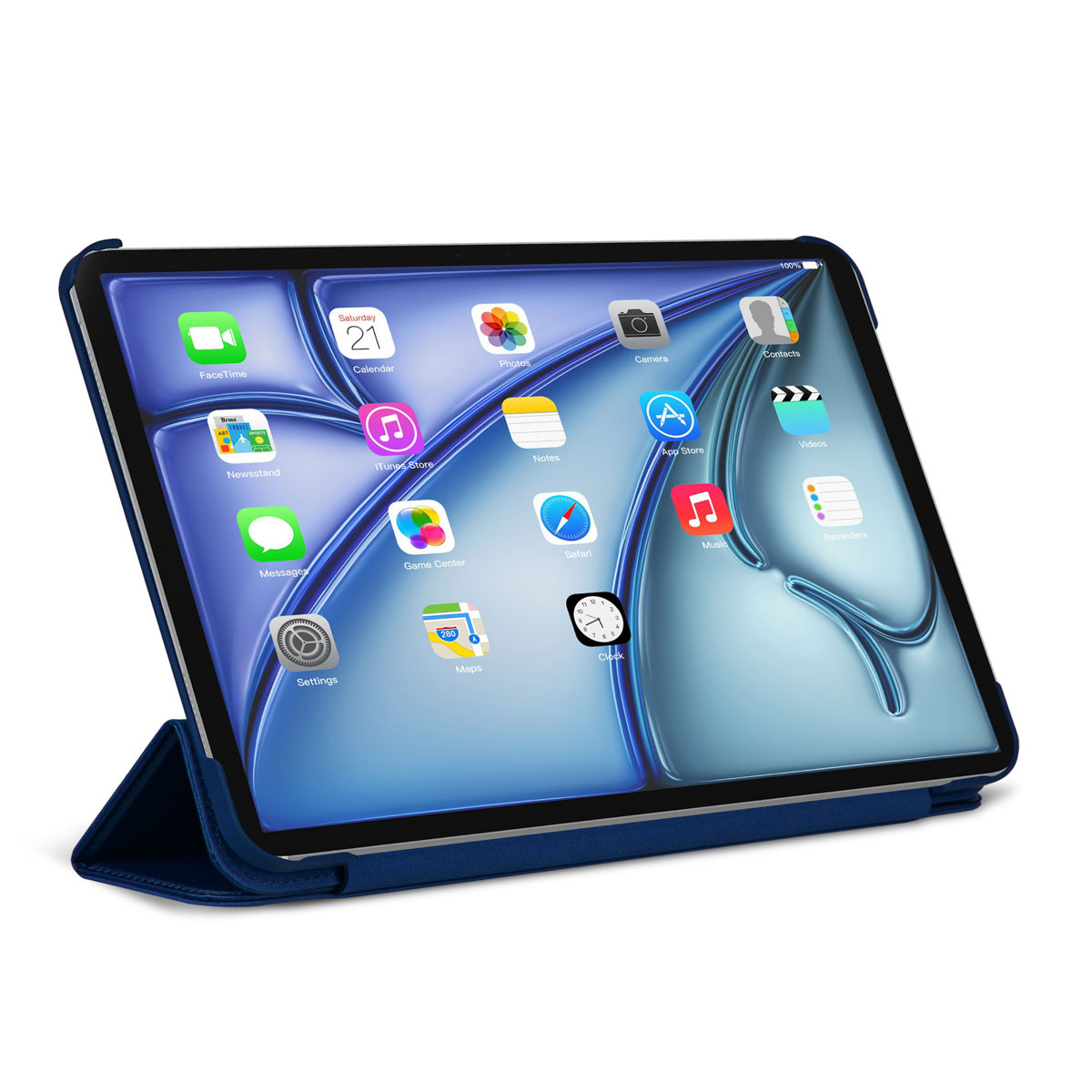 Tablet blu in una custodia blu, che mostra una schermata iniziale con icone di app, su sfondo bianco.