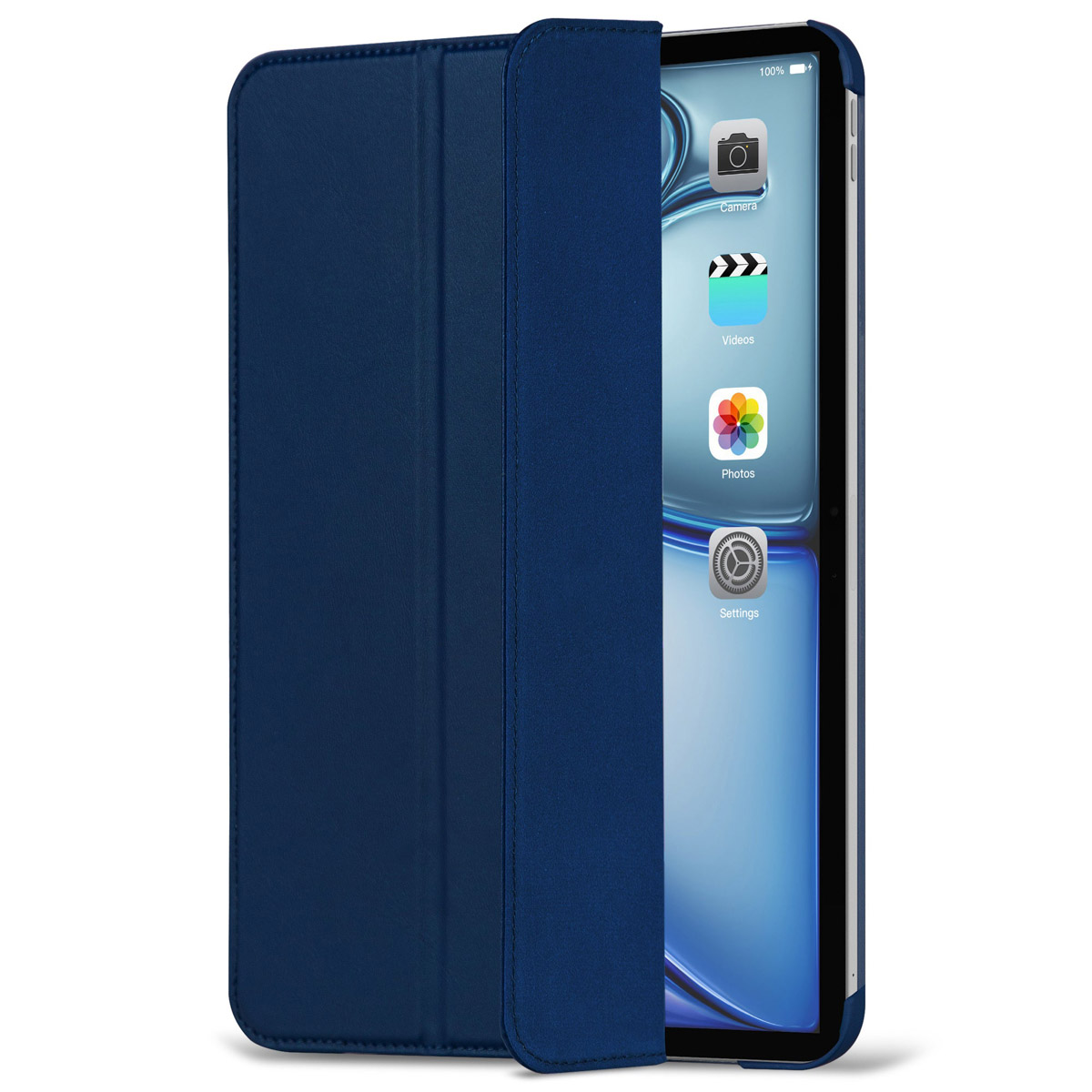 Custodia blu scuro per tablet con tablet all'interno. La cover aperta rivela lo schermo.