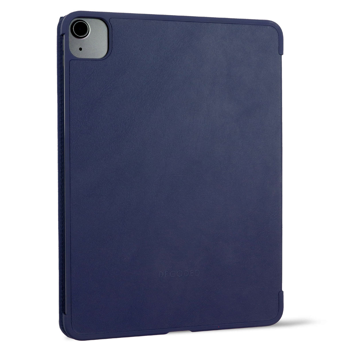 Custodia per tablet blu scuro. Il tablet è nella custodia. Marchio 'DECODED' visibile.